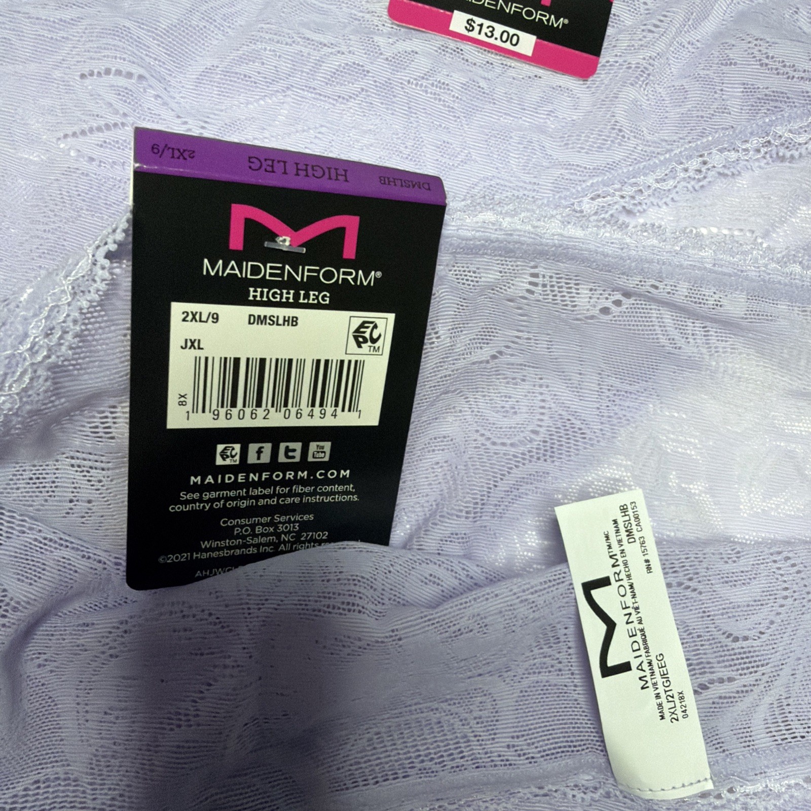 MAIDENFORM High Leg Luxurious Lace Light Purple Panty Womens 2XL/9 NEW 2 Pack