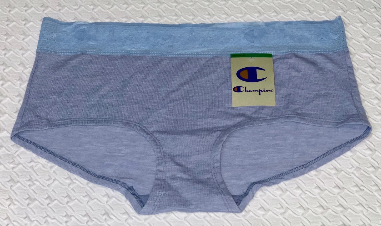CHAMPION Wide Lace Logo Waistband Pale Blue BoyShort Panty 8/XL ~$16.00