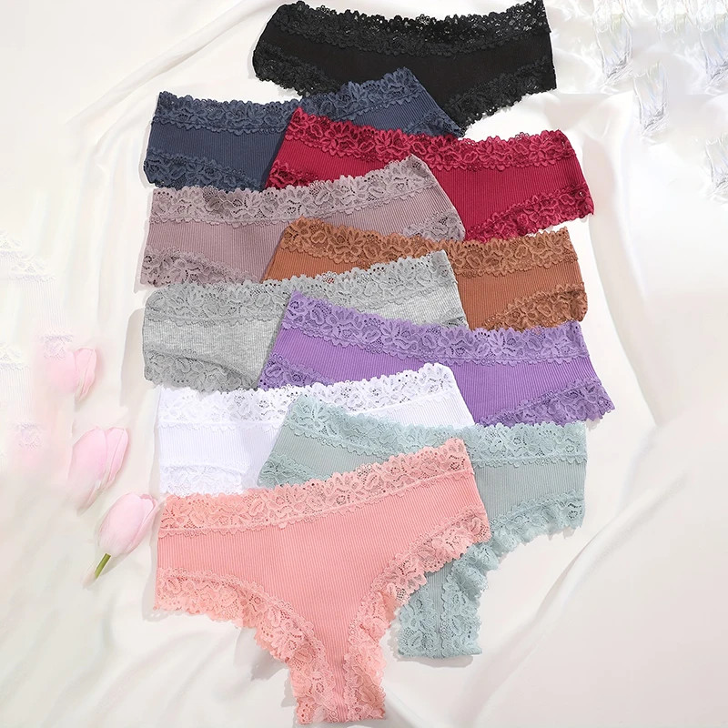 Cotton Lace Panties Women’s Low Waist Brazilian Bikini Briefs Soft 10 Pcs