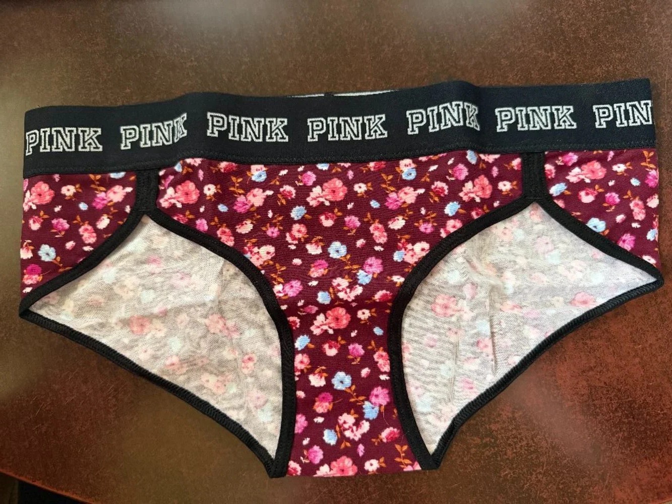 PINK Victoria’s Secret Maroon Burgundy Floral Logo Hipster Panty NIB Vintage