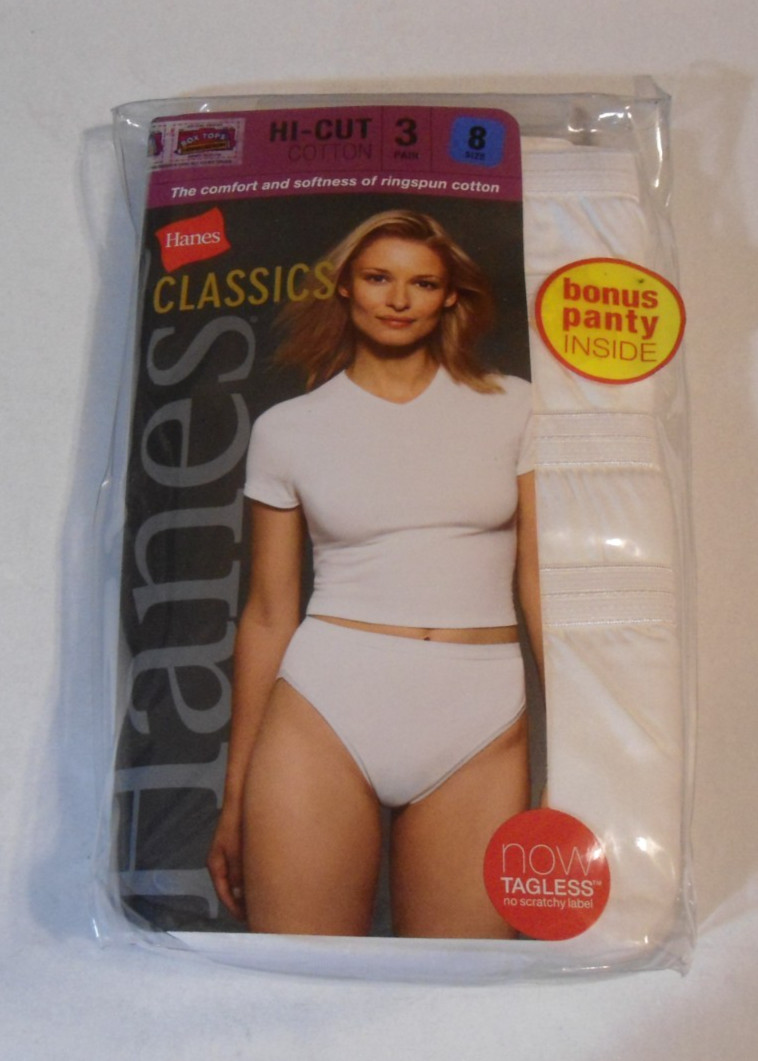 One 4 Pair Pkg of Hanes Cotton Hi-Cut Tagless Panties – Wht Size 8 – 2004 Stock