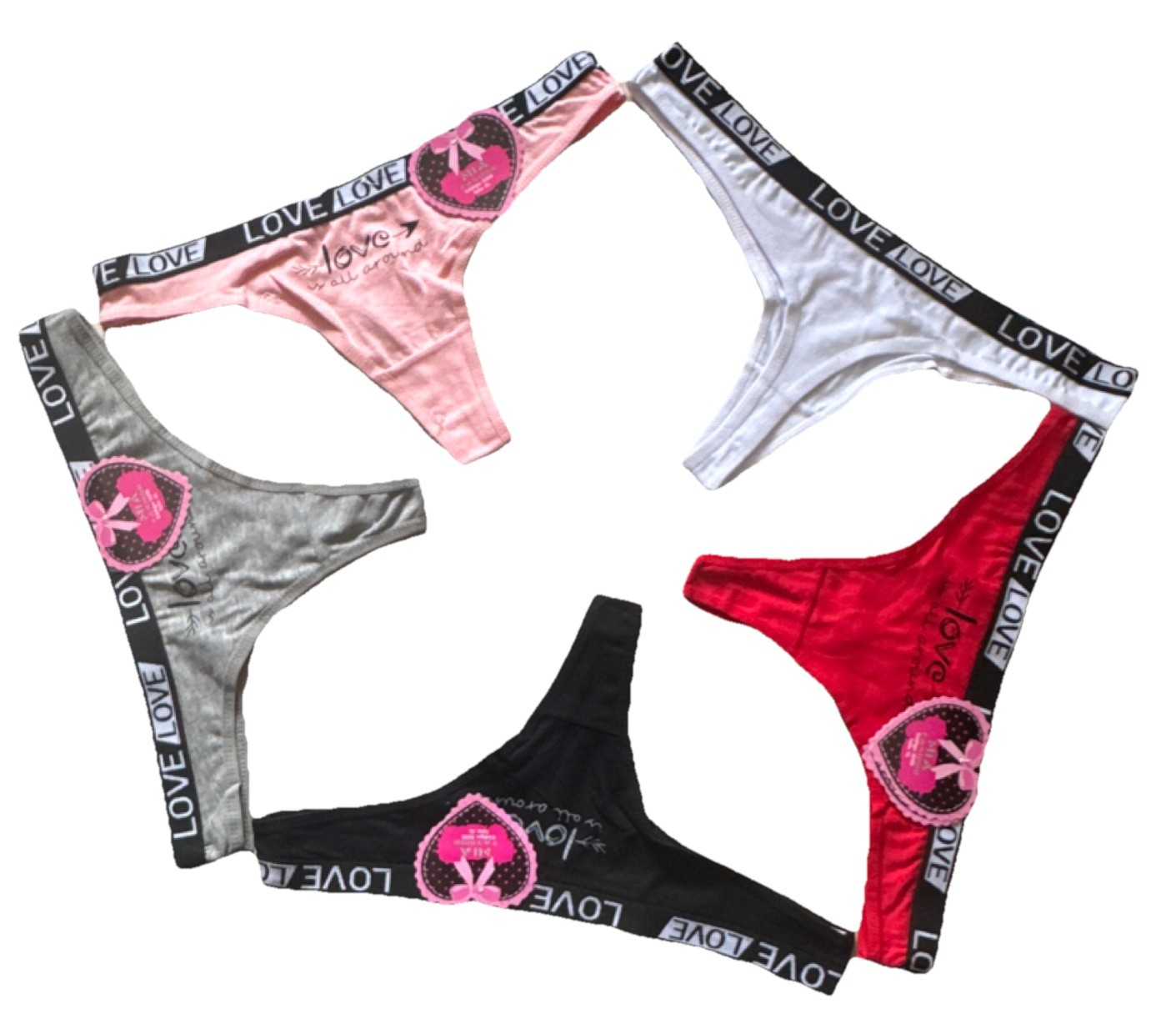 Women’s XL Regular Thong/String Panties 5 Pack LOVE Logo Multicolor Solid