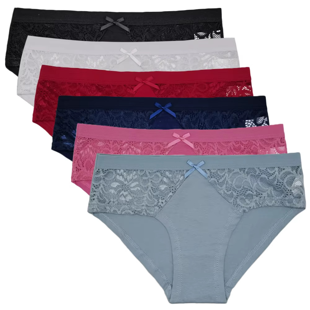 6 Pack M L XL Women Soft Cotton Brief Panties Lace Side Bikini Underwear Set
