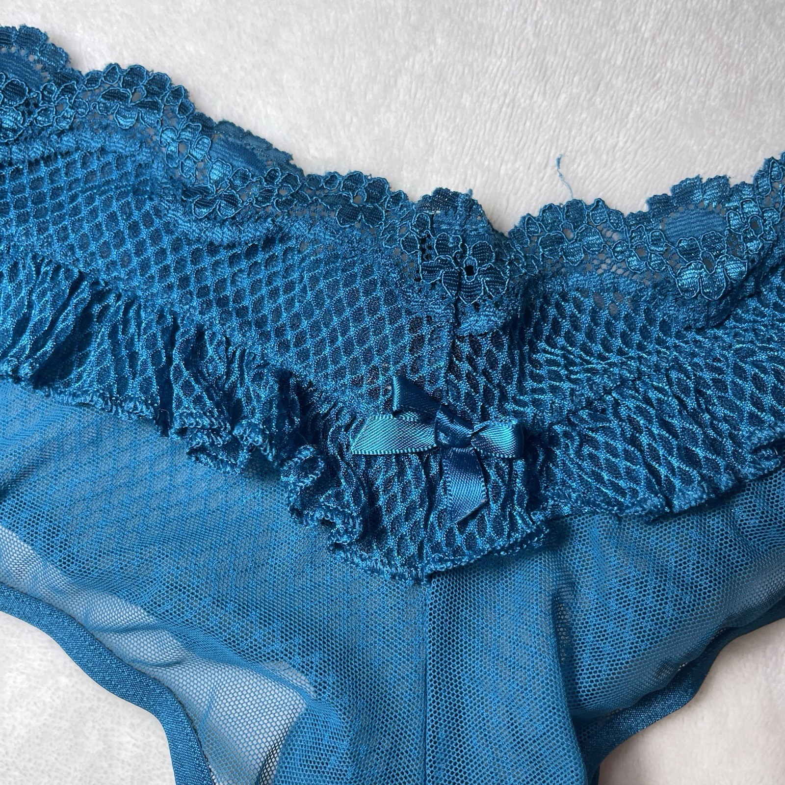 Victoria’s Secret Blue Solid Lace Mesh Cheeky Panty Sheer Bow Size S/P