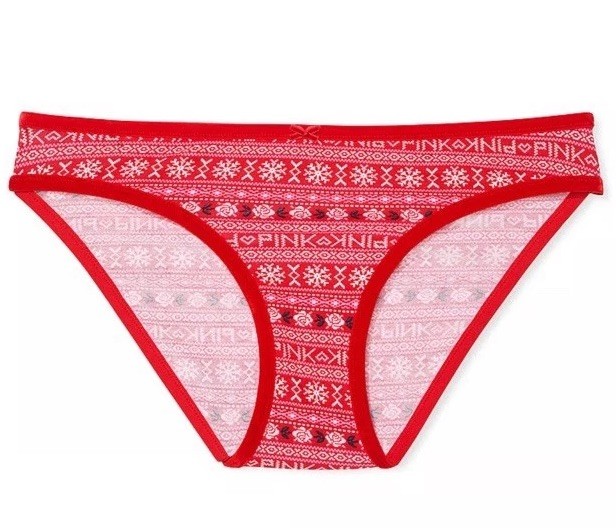 Victoria’s Secret PINK – Velvet Trim Cotton Bikini Panty – Red Fairisle – Medium