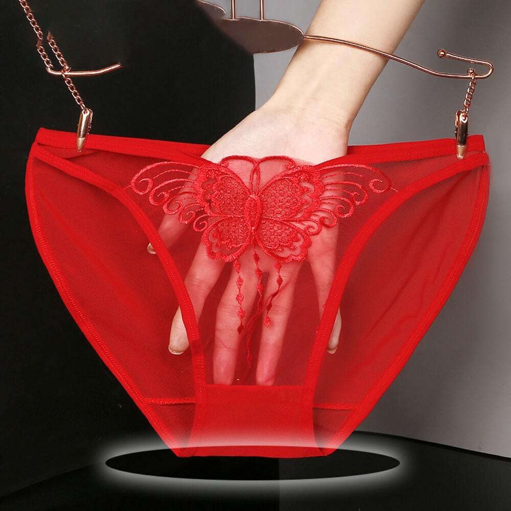 Women Embroidery Butterfly Sheer Underwear Lingerie Mesh Briefs Lace Panties