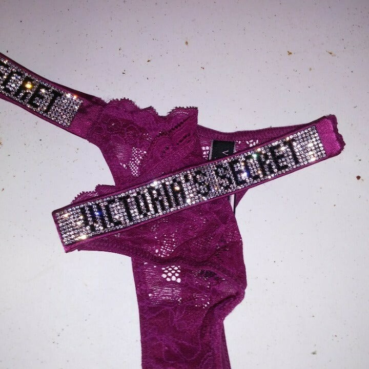 Victoria Secret Panty Thong XS Shine Strap Fuchsia Lace Bling Solid New