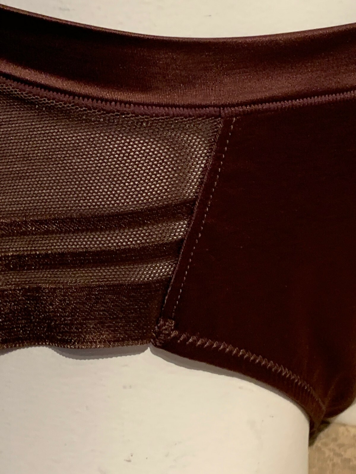 AMBRIELLE CHICKORY BROWN SATIN FRONT SHEER MESH BACK HICUT BRIEF PANTIES L 7