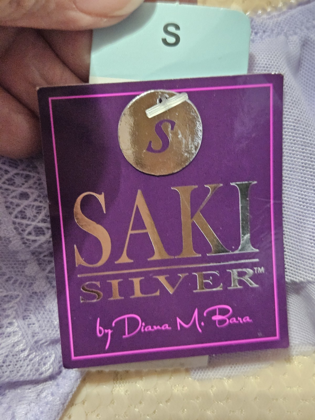 SAKI SILVER, WOMEN’S NEW LAVENDER NYLON BL LACE/MESH ANGEL WING THONG, SIZE S