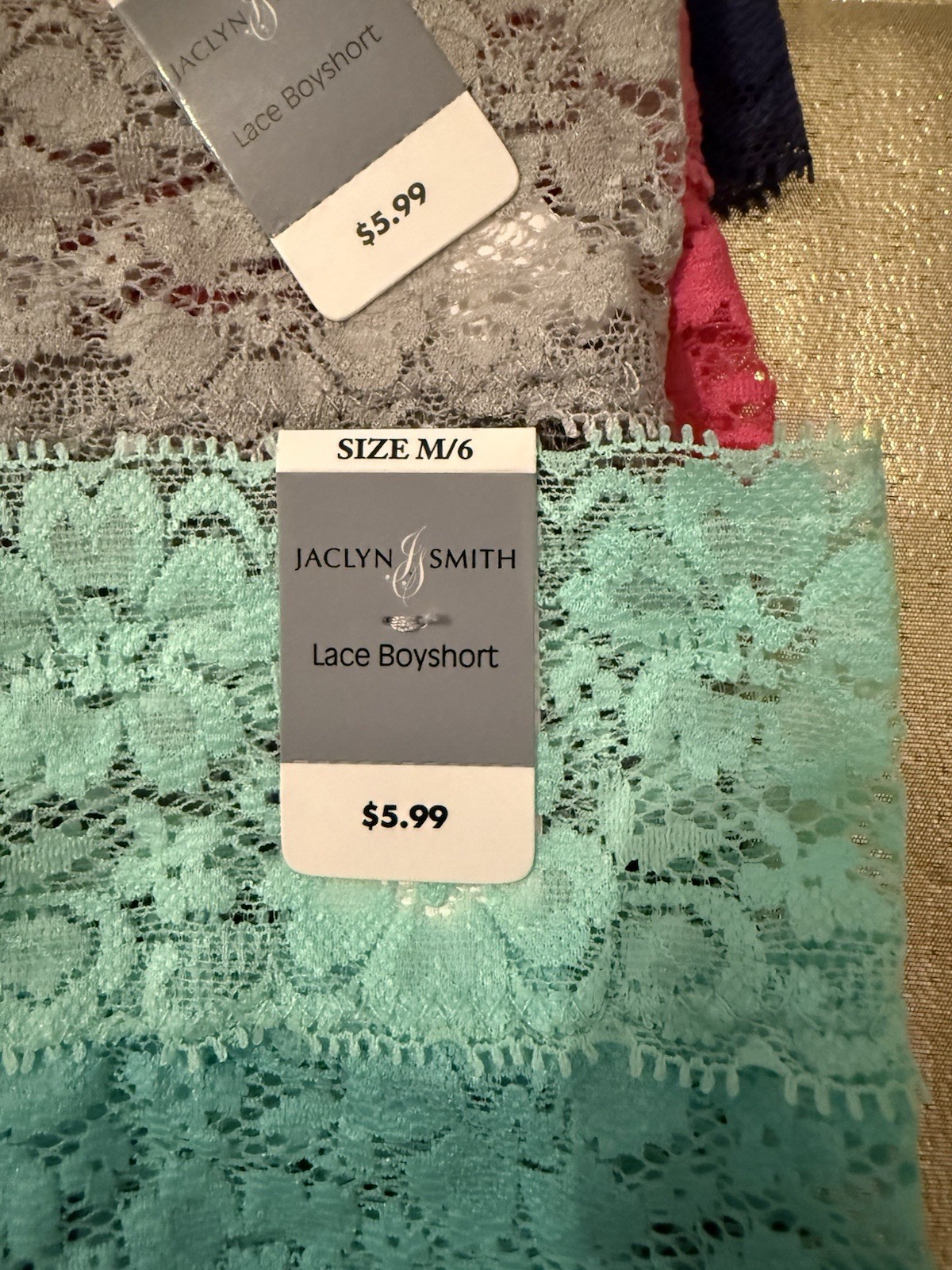 NWT 4 Pack Jaclyn Smith Stretchy Lace Boyshort Panties Colors Shown Size M/6