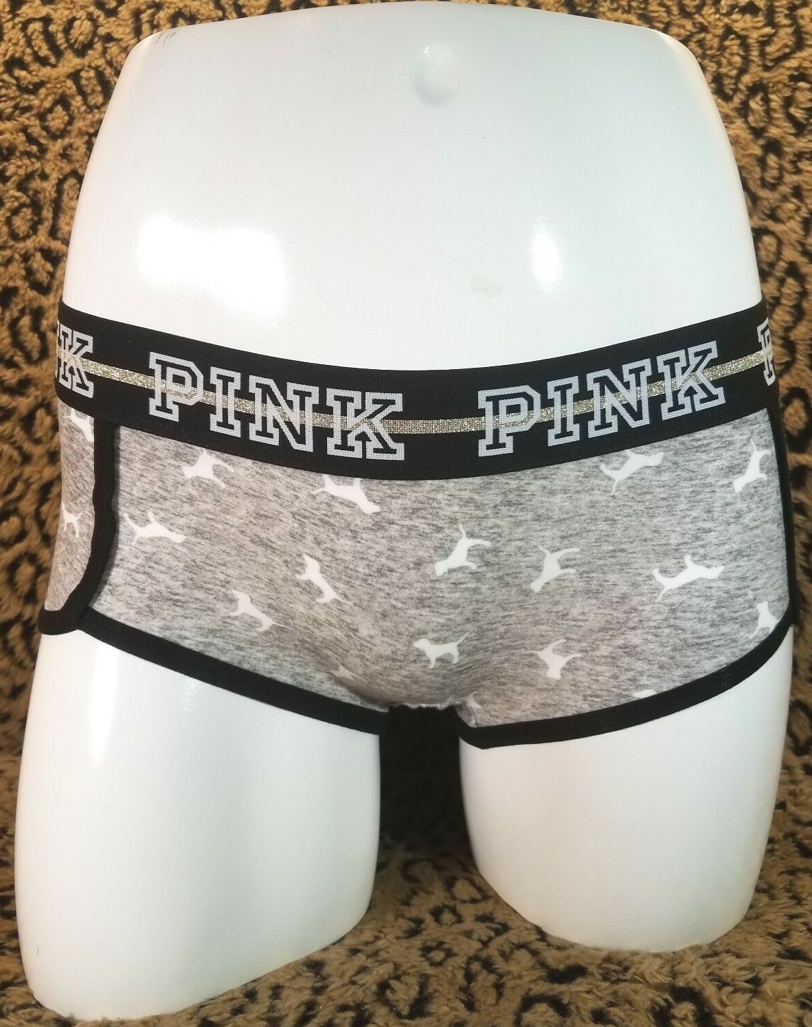 Victoria’s Secret PINK Glitter Logo Dog Gray Static Boy Short Panty PXS Sexy