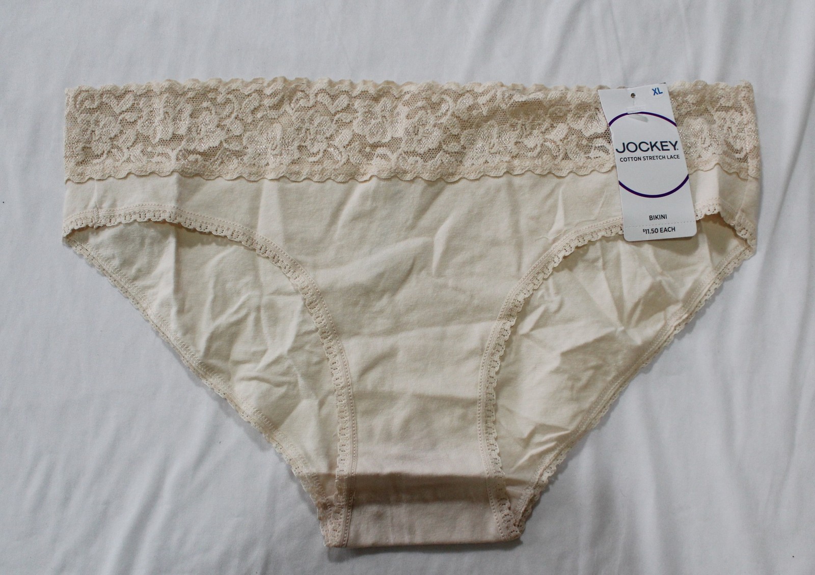 Jockey Women’s Low Rise Cotton Stretch Lace Waistband Bikini DH3 Beige XL NWT