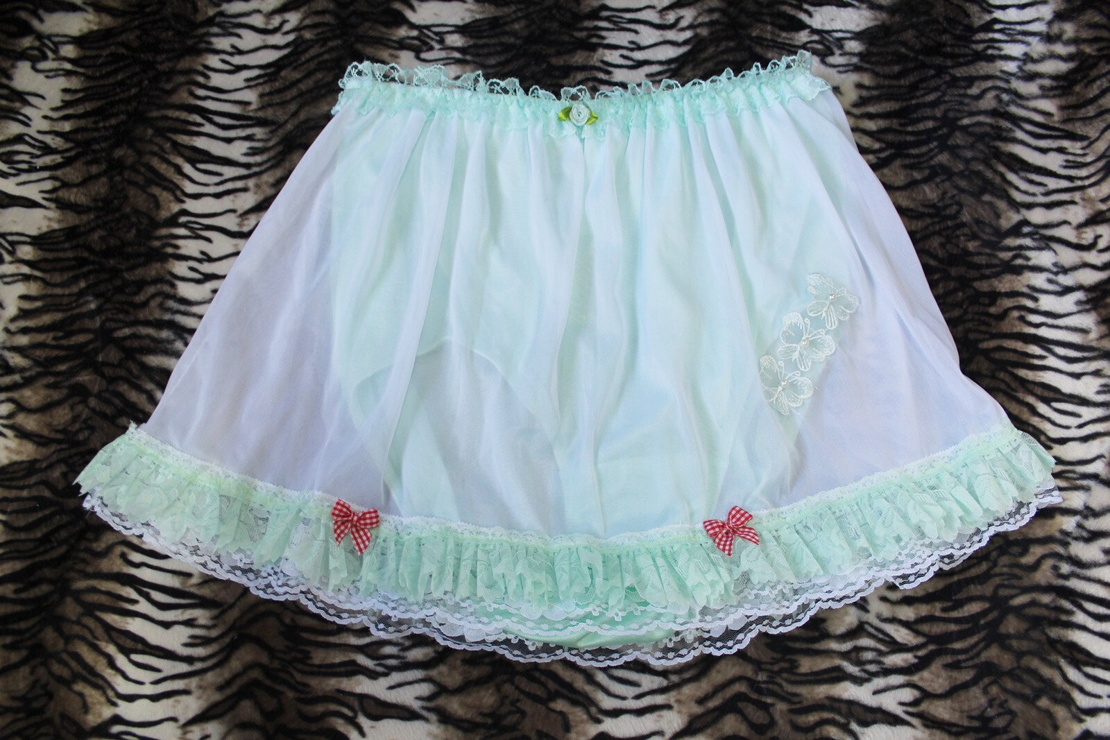 #A54 2XL/ElasticW.28-42″ 2in1 Nylon Green Brief Panties + White Half Slip 14″