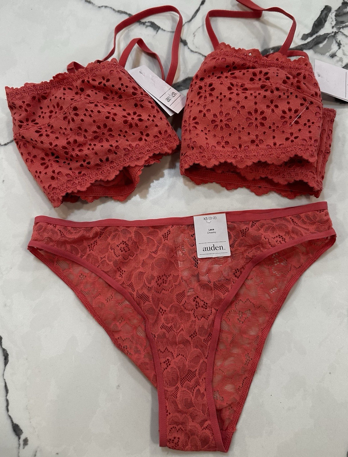 2 Auden Lace Bralettes & Lace Cheeky Panty XS in Coral