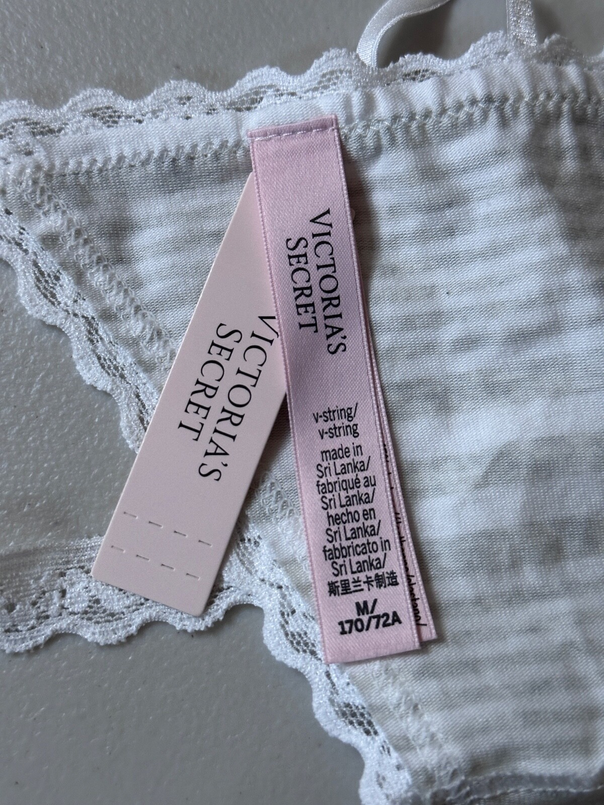 Victoria’s Secret V String Medium White Gray Striped Lace Trim Thong Panties