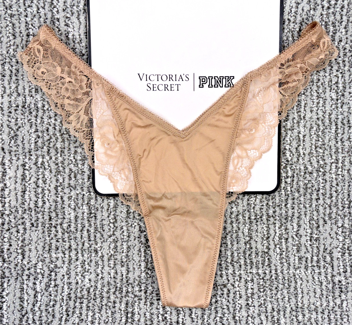 Victoria’s Secret Very Sexy NWT Medium Beige Lace Trim High Leg Thong Panty
