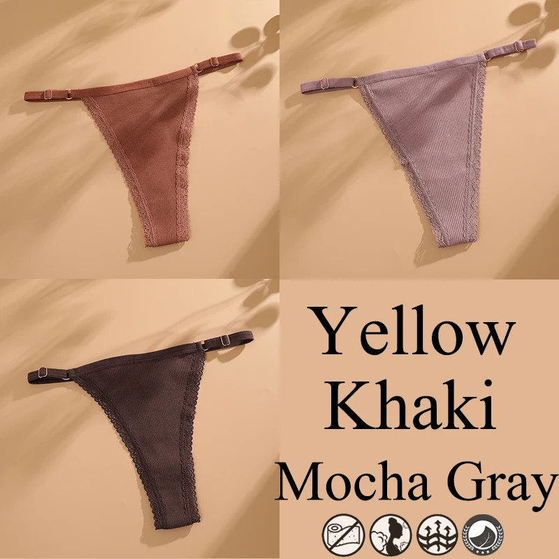 3pc Women Lace Thongs G-String Low Rise Panties Adjustable Waist Underwear