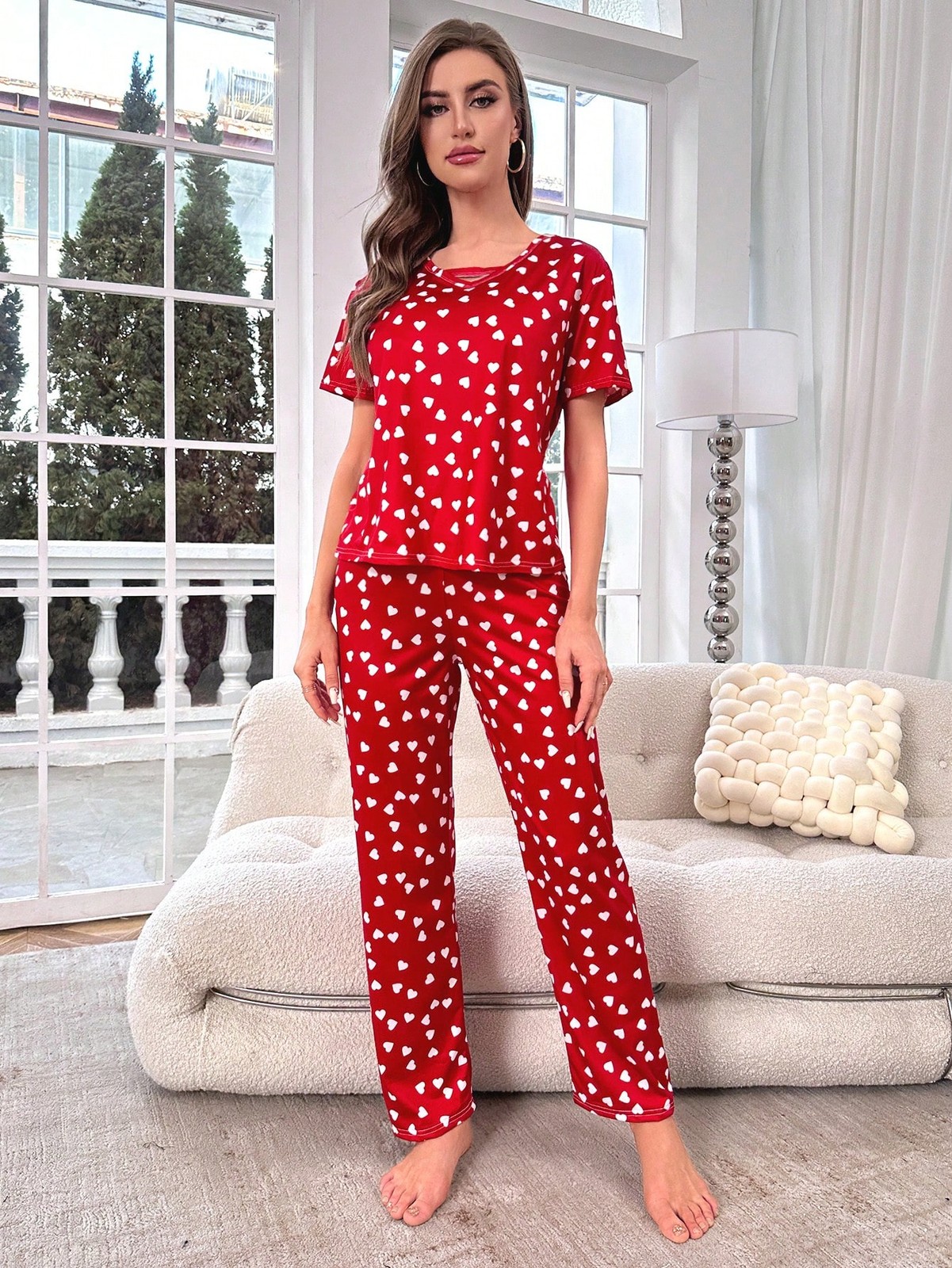 DUSKBASE Heart Pattern T Shirt & Trousers Pyjama Set For Plus Size Cheap24