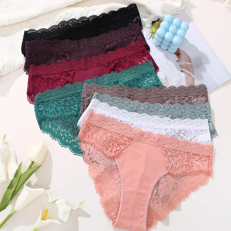 4PCS/Set Sexy Perspective Women Back Lace Panties Patchwork Cotton Underpants.