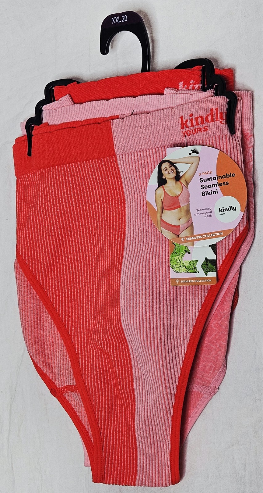 Kindly Yours Women’s Plus Ribbed Seamless Bikini Panty 3 Pack Red Pink 2XL (20)