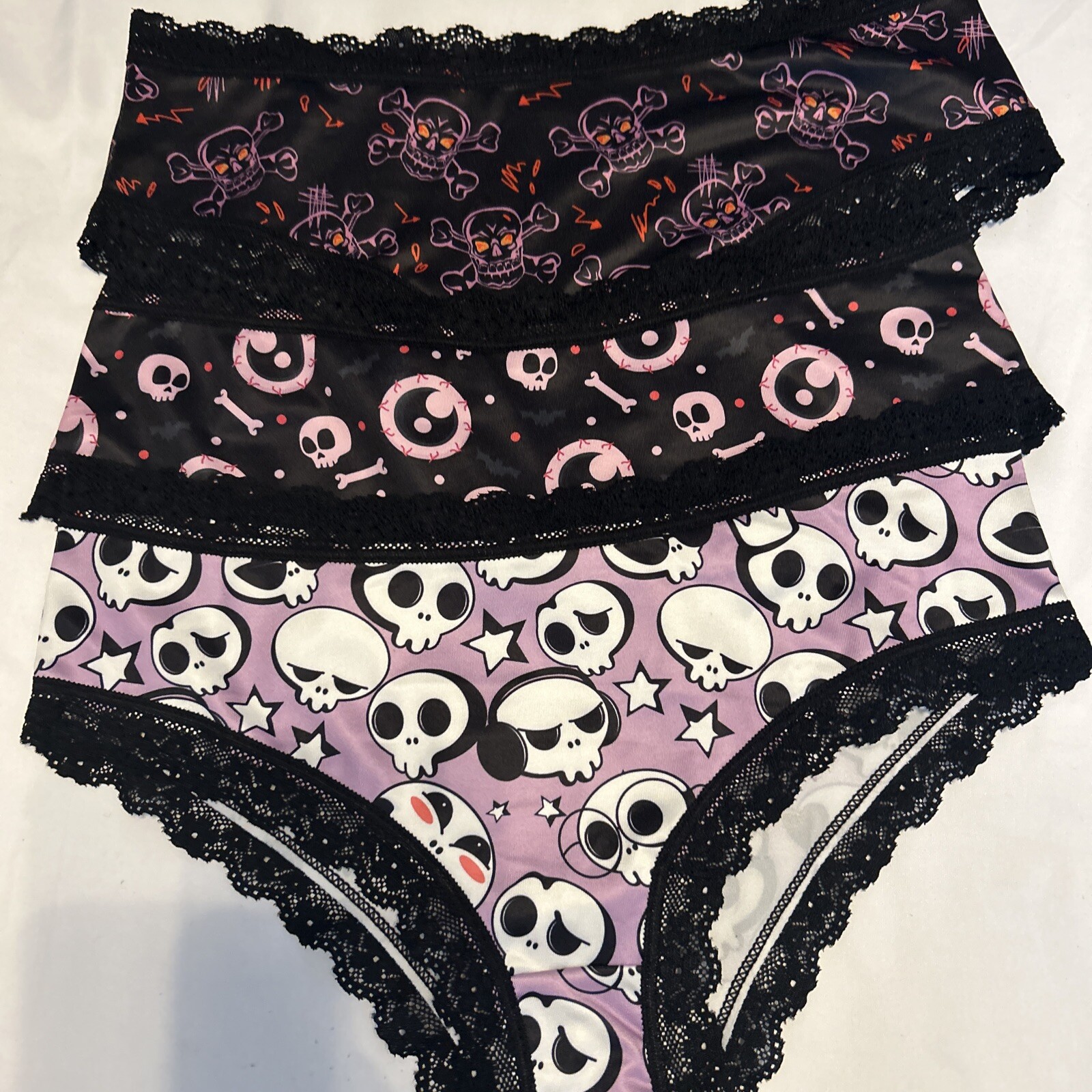 Morvia 3pk lace trim Skater goth Skater Emo panties L Skulls Eyeballs Lilac New
