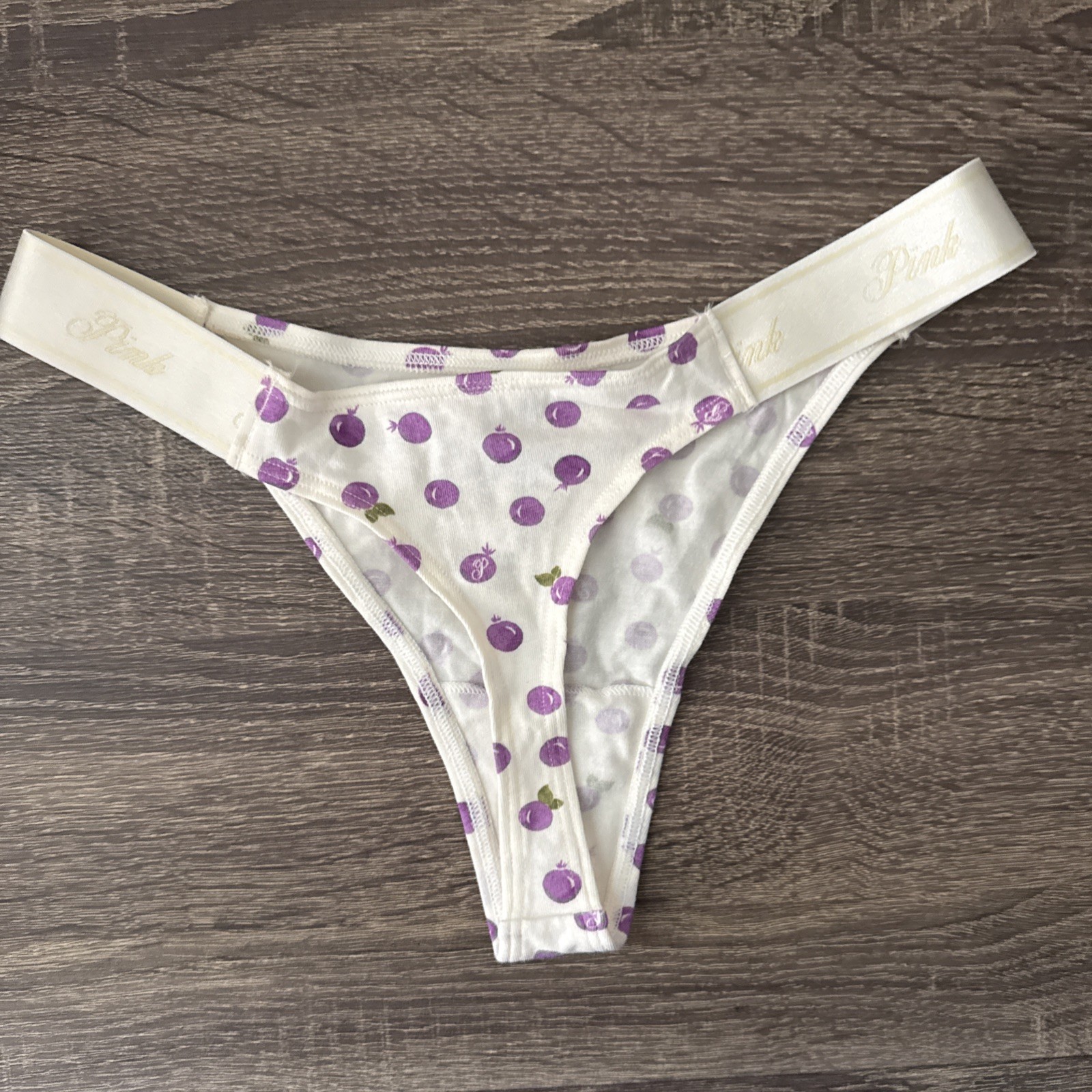 Pink By Victoria’s Secret, Small, White Plums, Logo, Cotton Thong Panties