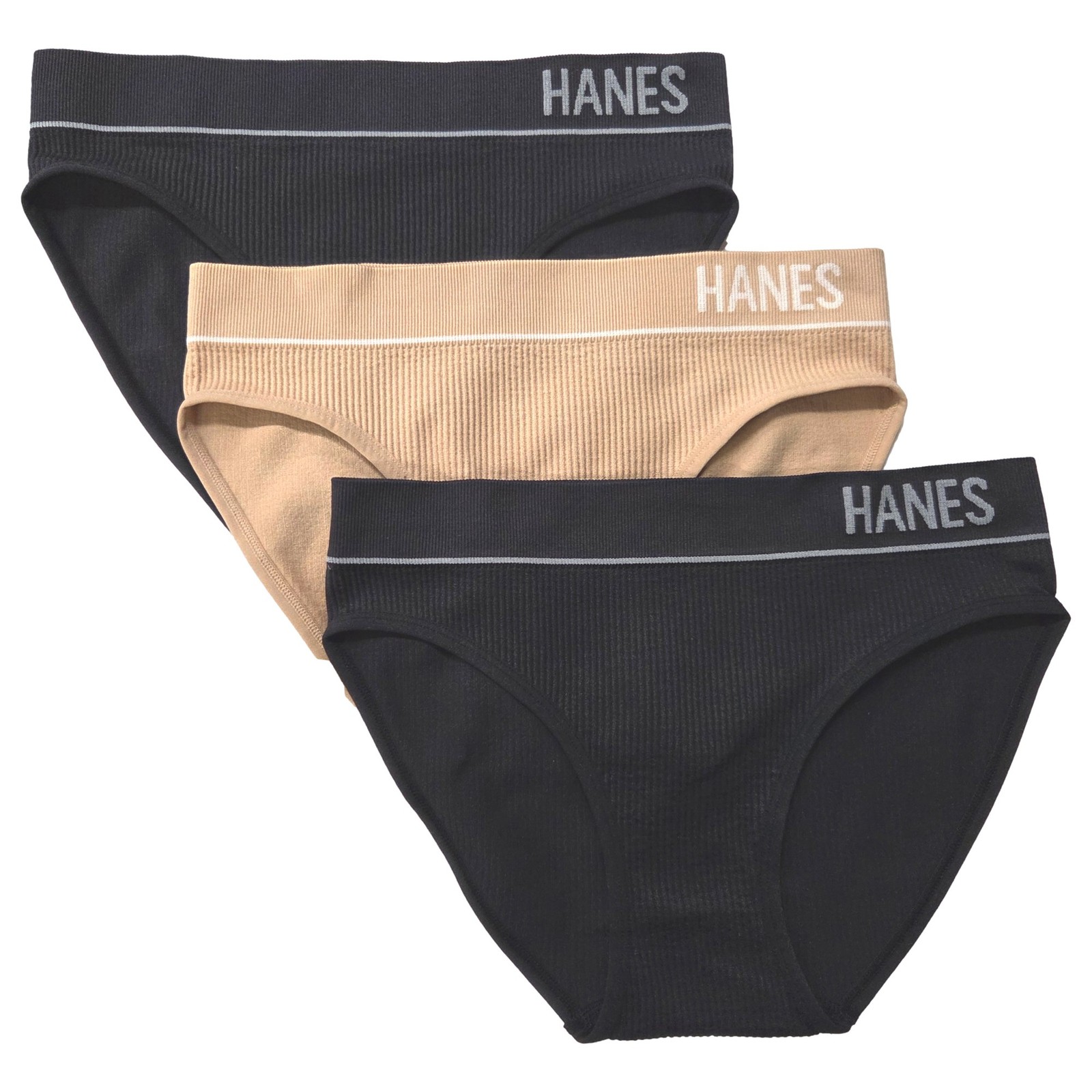 Hanes Womens Black & Beige Ribbed Brief Cut Panties Briefs Underwear