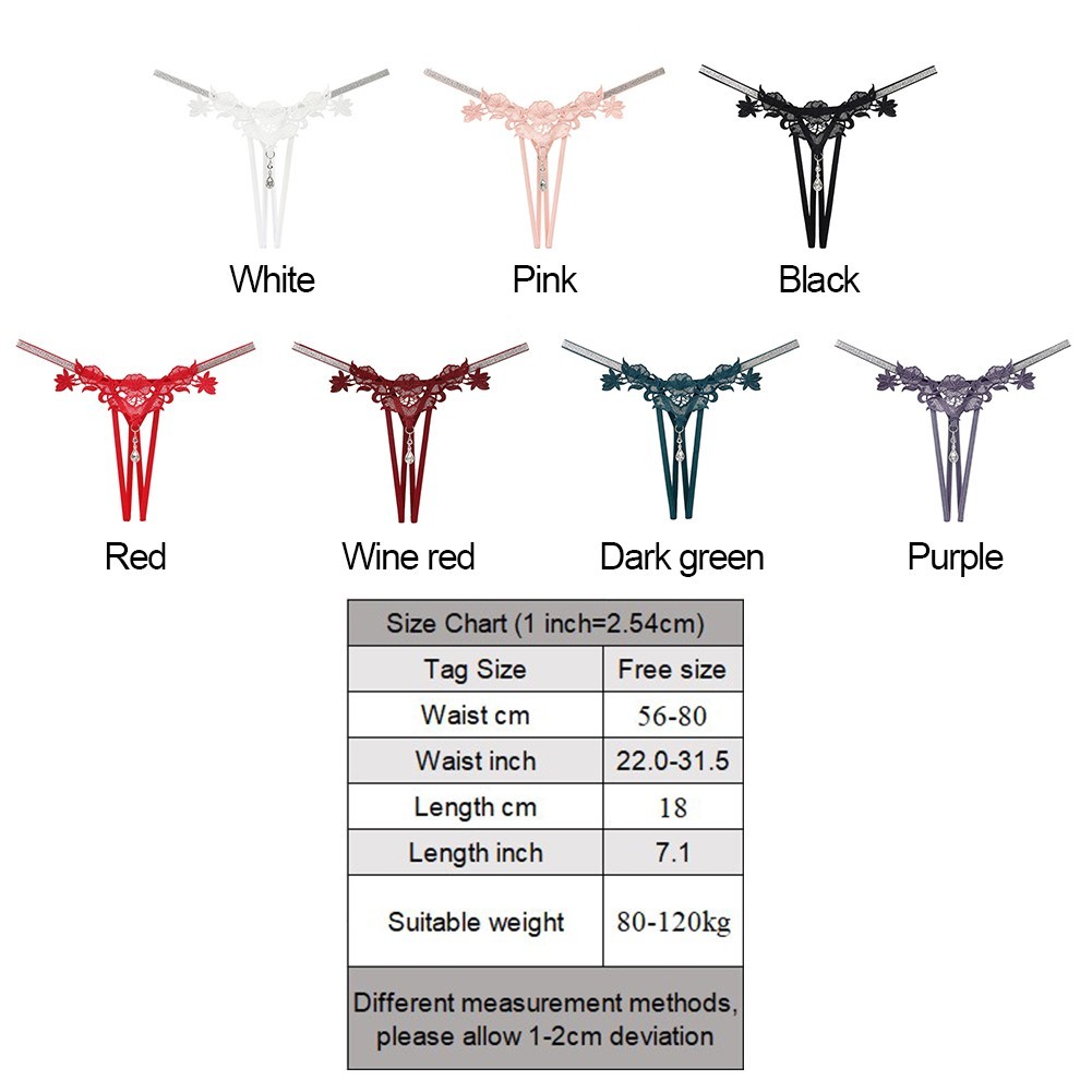 Wine Red Rhinestone Lace Thong Panties with Hollow Embroidery for Women