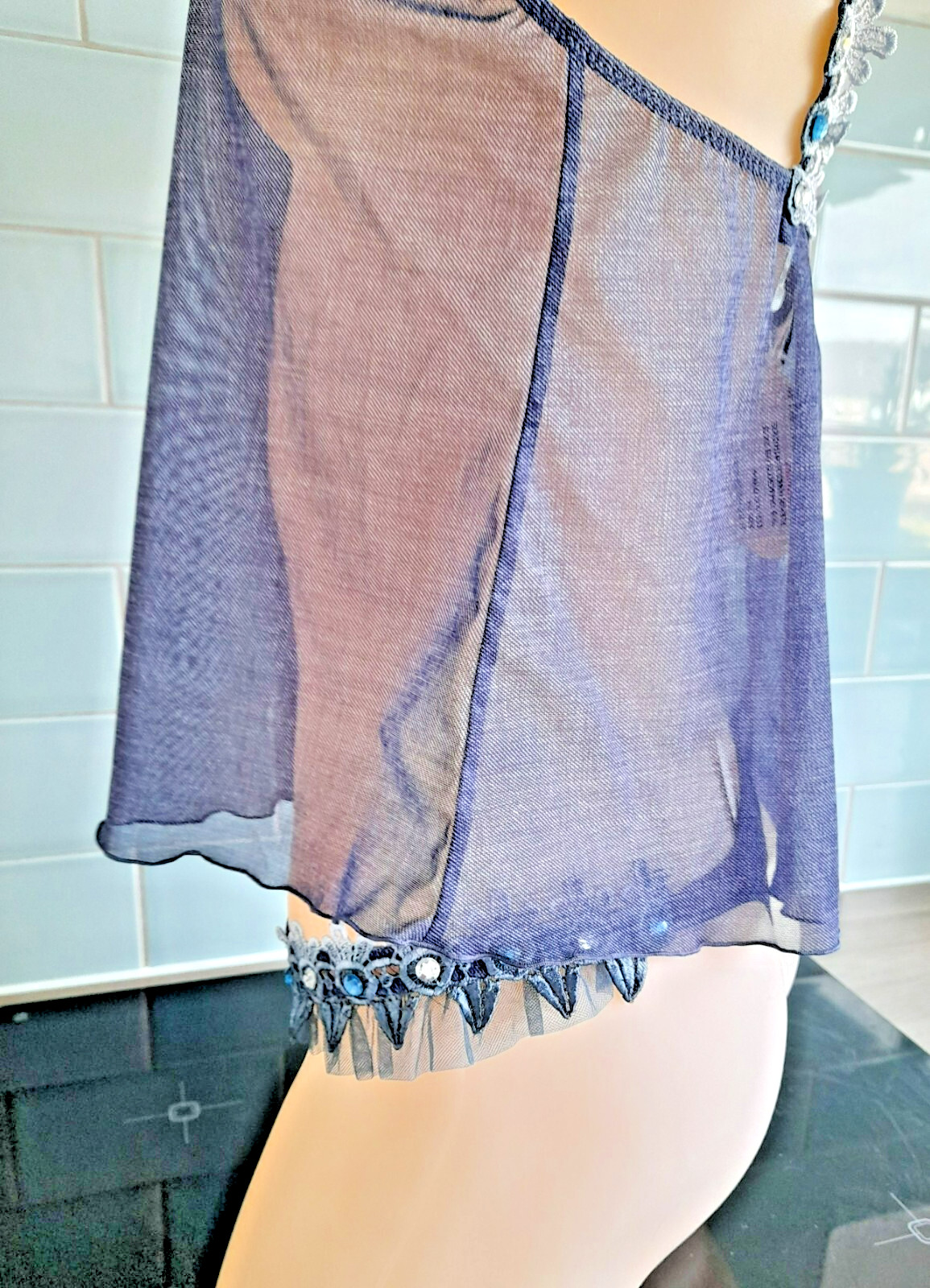 Janet Reger London Sheer Blue Denim Mesh Hipster Tanga Lace/Jewels/Ruffles