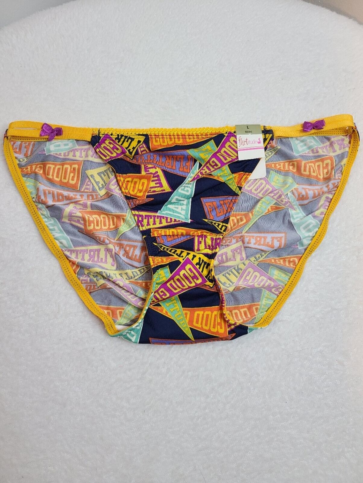 Rare VTG Flirtitude Silky Nylon Double String Bikini Panty Size Lg Pennants