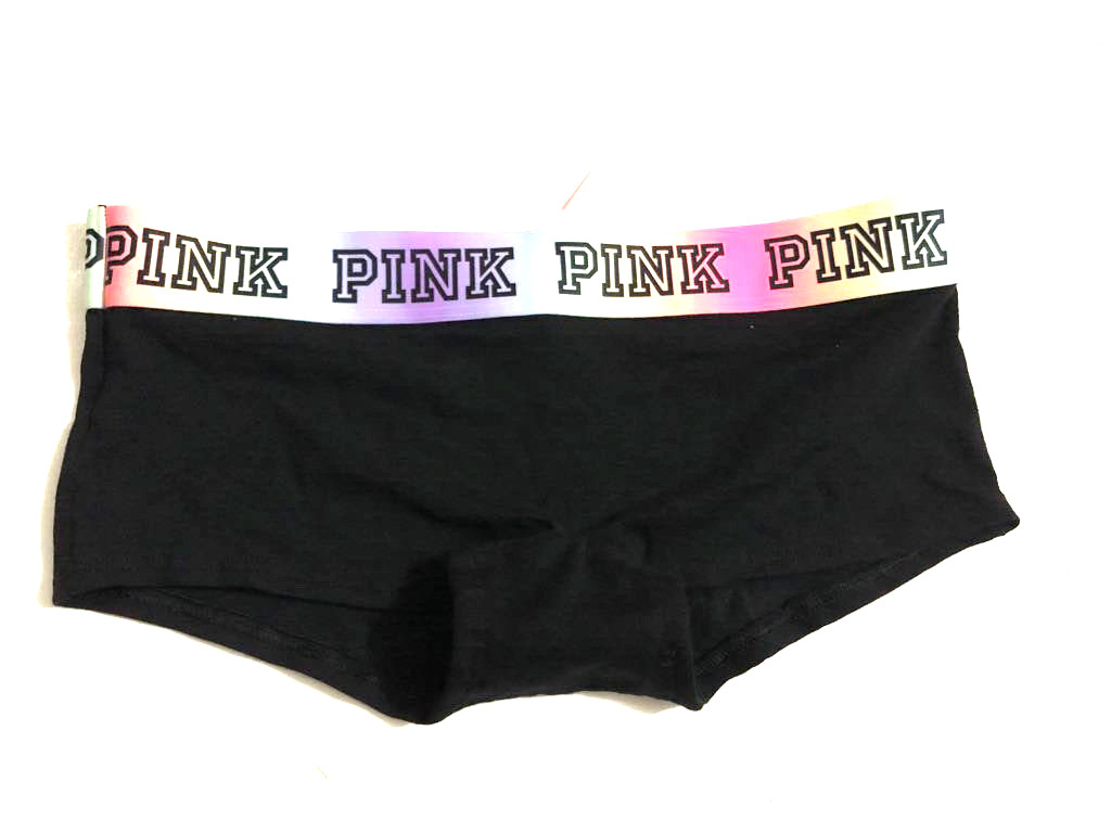 Victoria’s Secret Pink Cotton Logo Block Shortie Boyshort Panty Black, M NWT