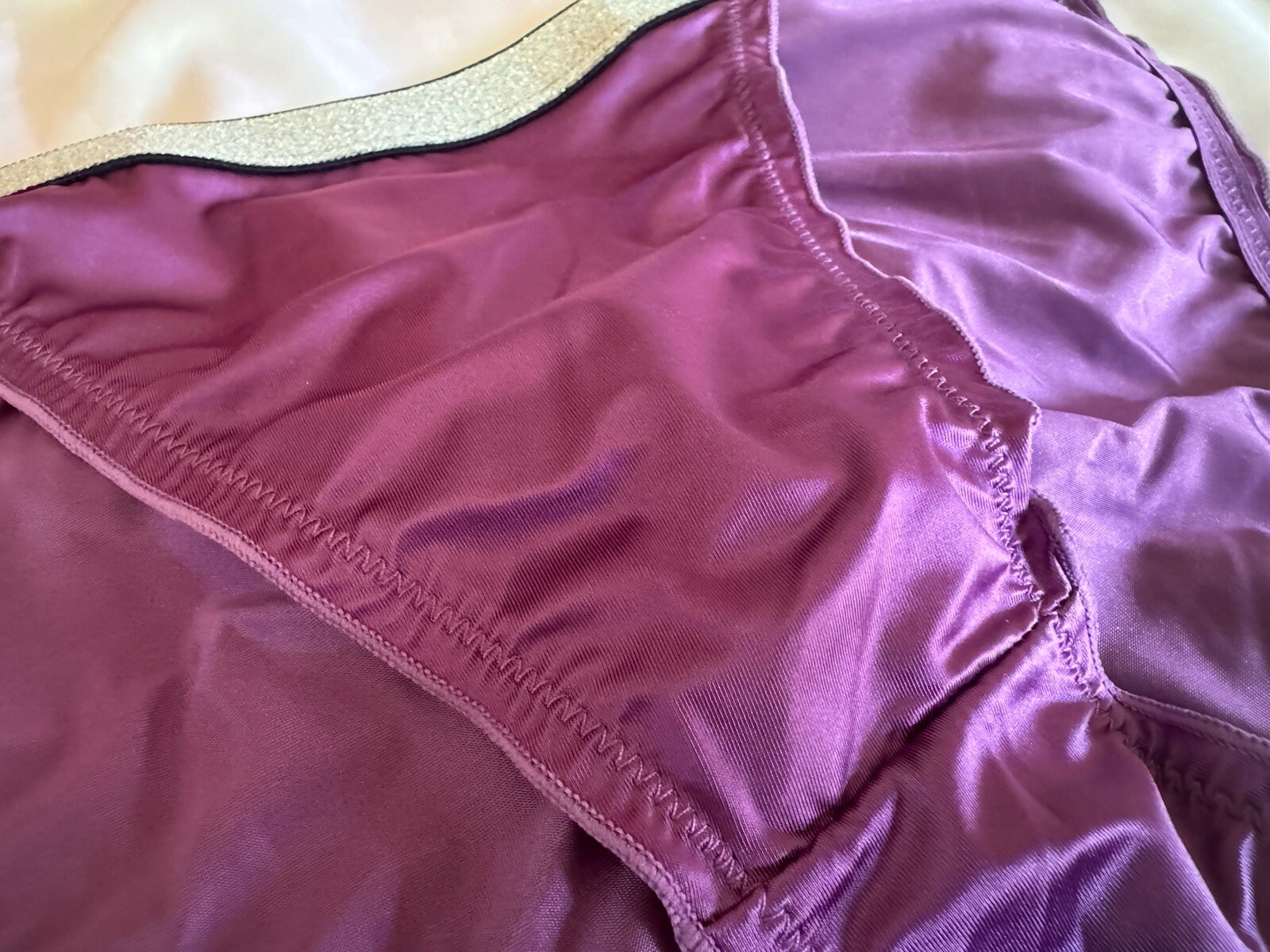 Shiny Purple Satin Nylon Silver Sparkle Thick Band Bikini Panties Sz Lg