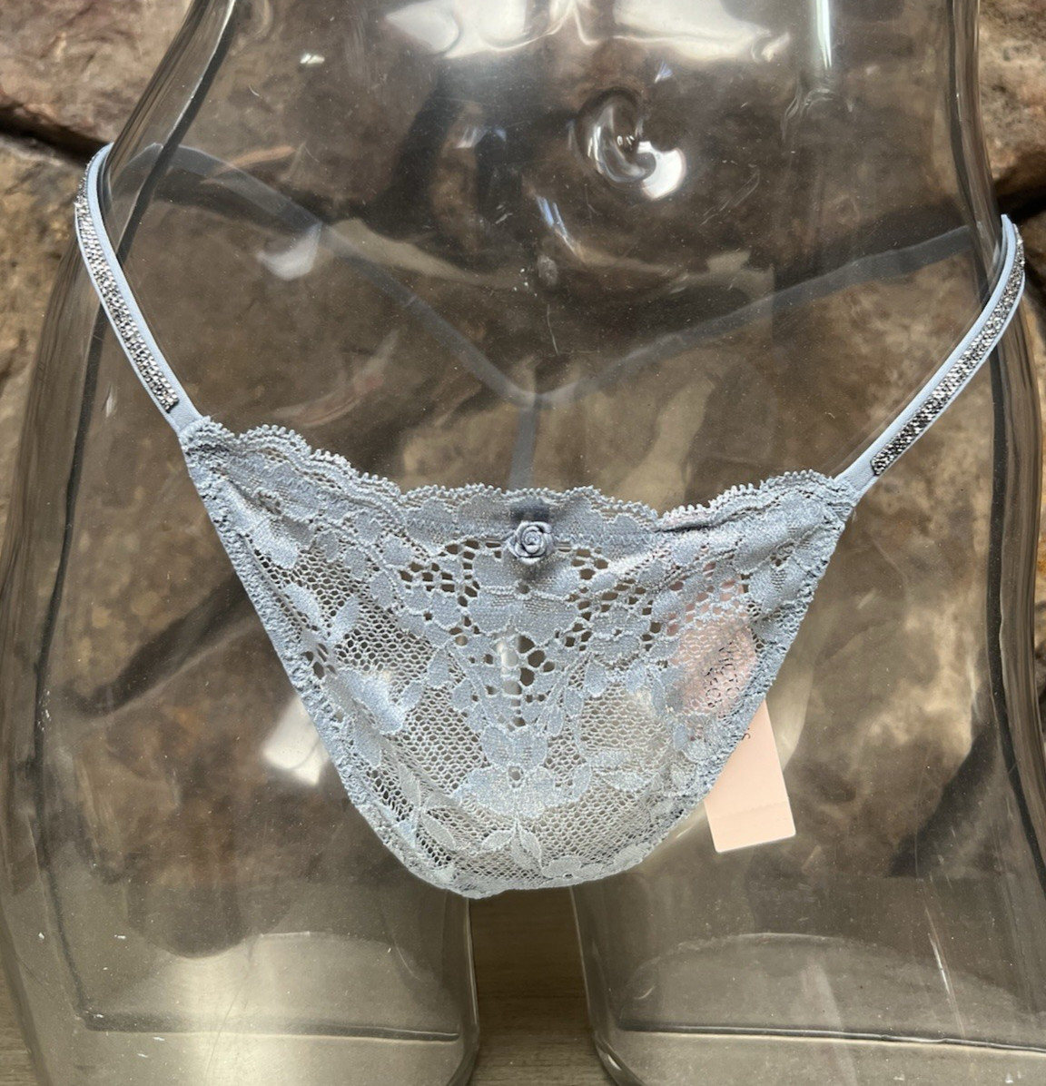 Victoria’s Secret ANGELS Twinkle Silver Lace Shine Strap V-STRING Panty Sz S NWT