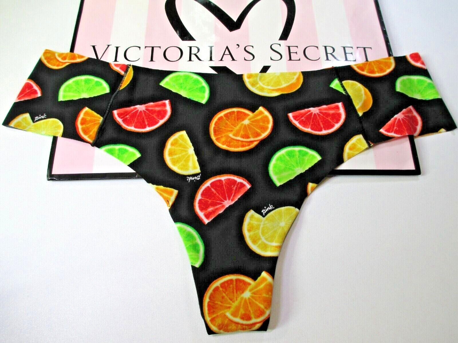 VICTORIA’S SECRET PINK No Show Thong Panty L Green Orange Yellow Lemons NWT VS