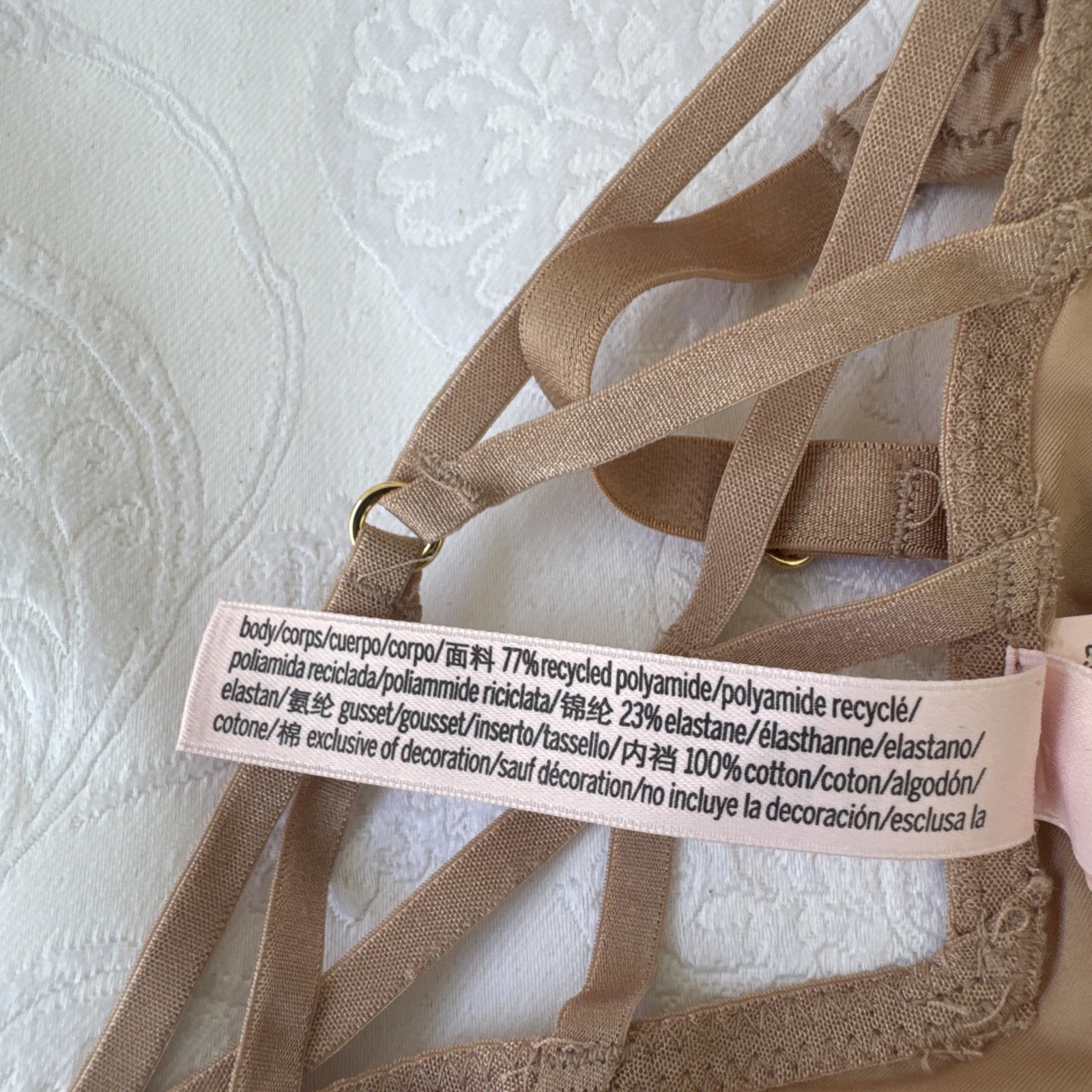 VICTORIA’S SECRET M NUDE TAN SILKY STRAPPY CUT OUT CHARM BRAZILIAN PANTIES NWT