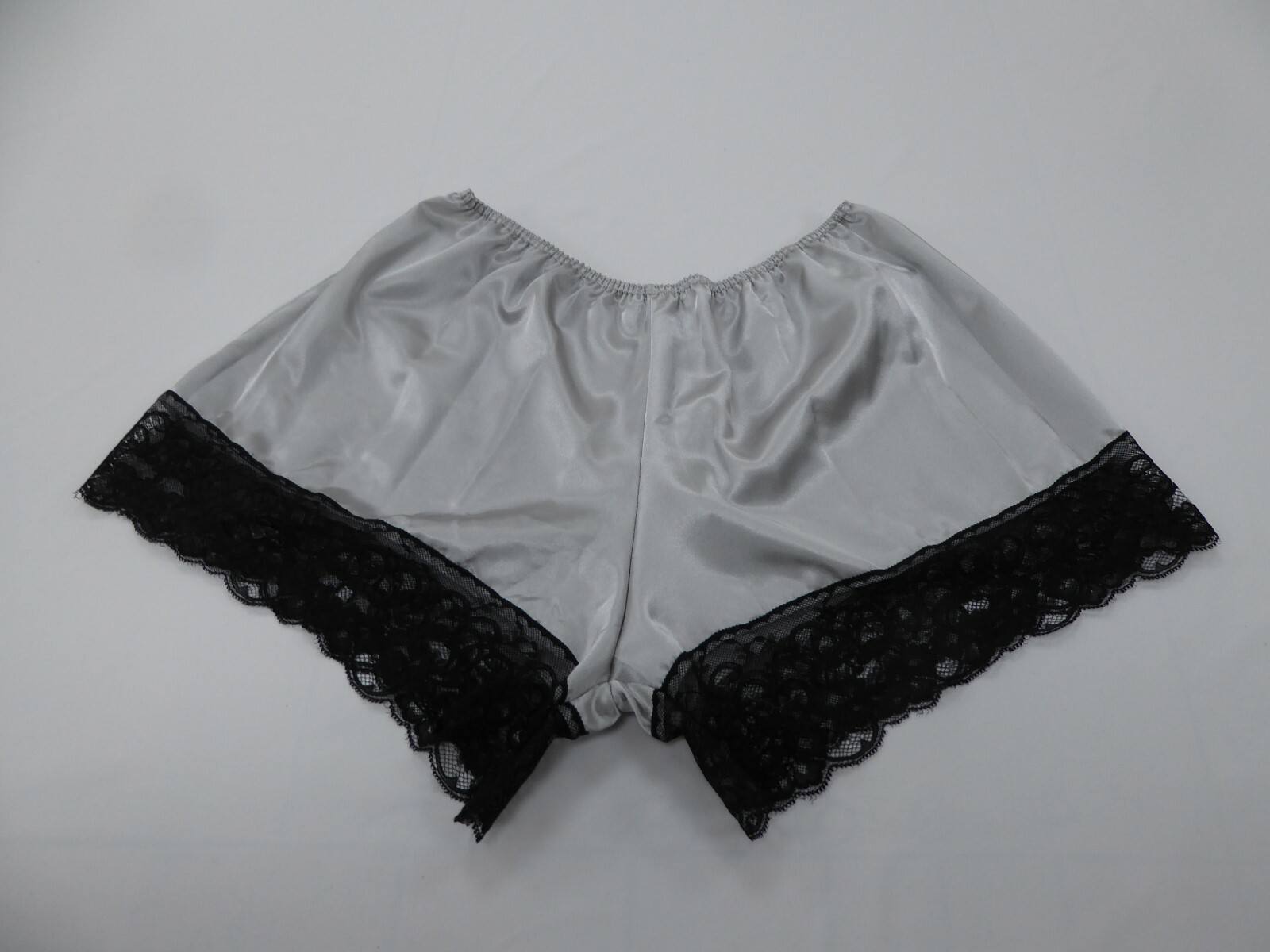Silver Grey Polyester Satin French Knickers in 10/12 with Black Lace.