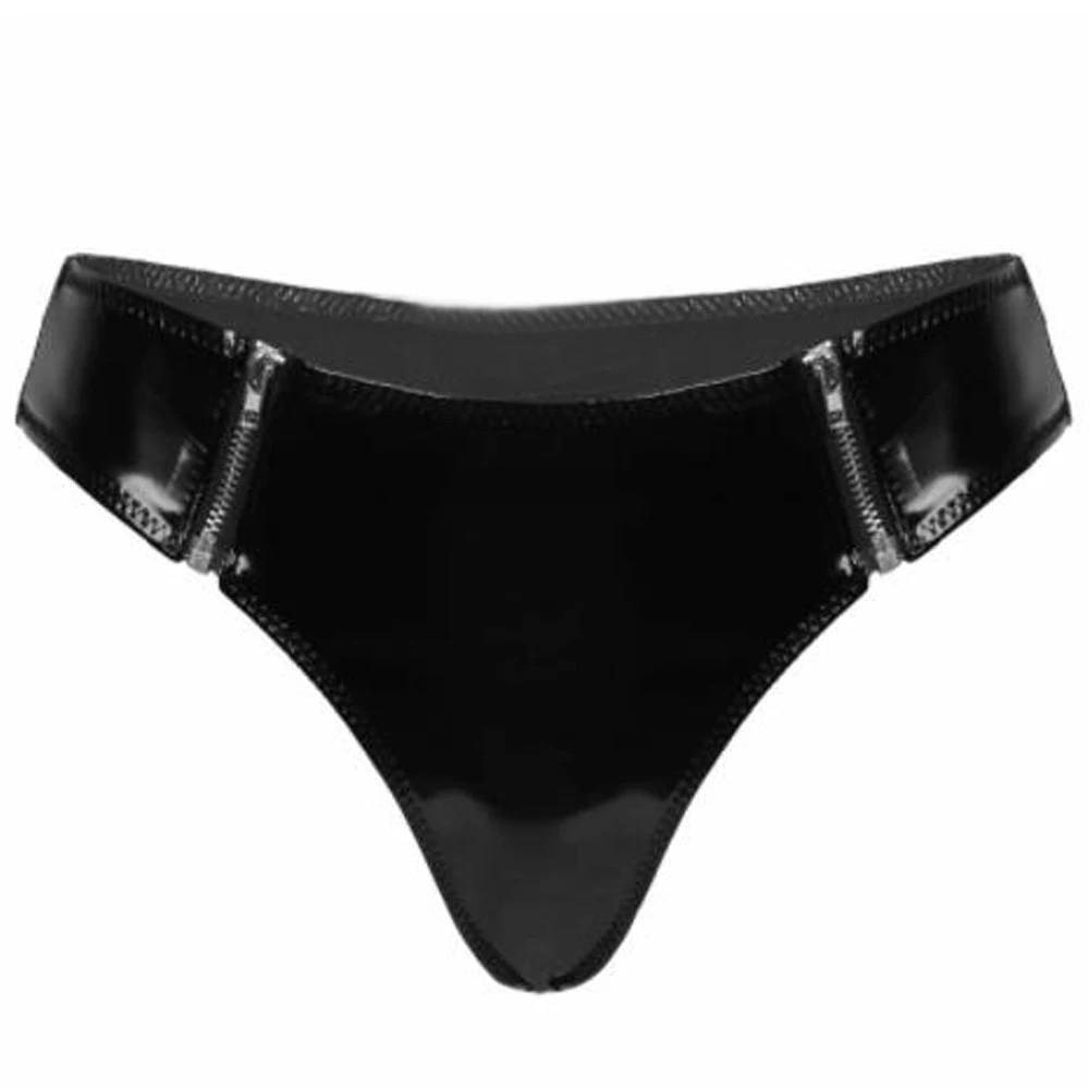 Womens Sexy Pole Dance Panties PVC Leather Low-waisted Front Zipper Sexy Panties
