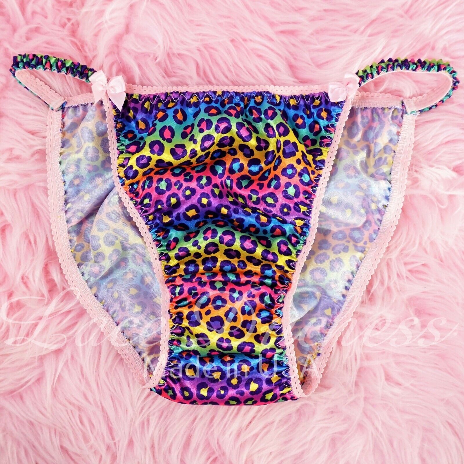 Rainbow Leopard Satin Sissy Lace DUCHESS CUT shiny string bikini panties