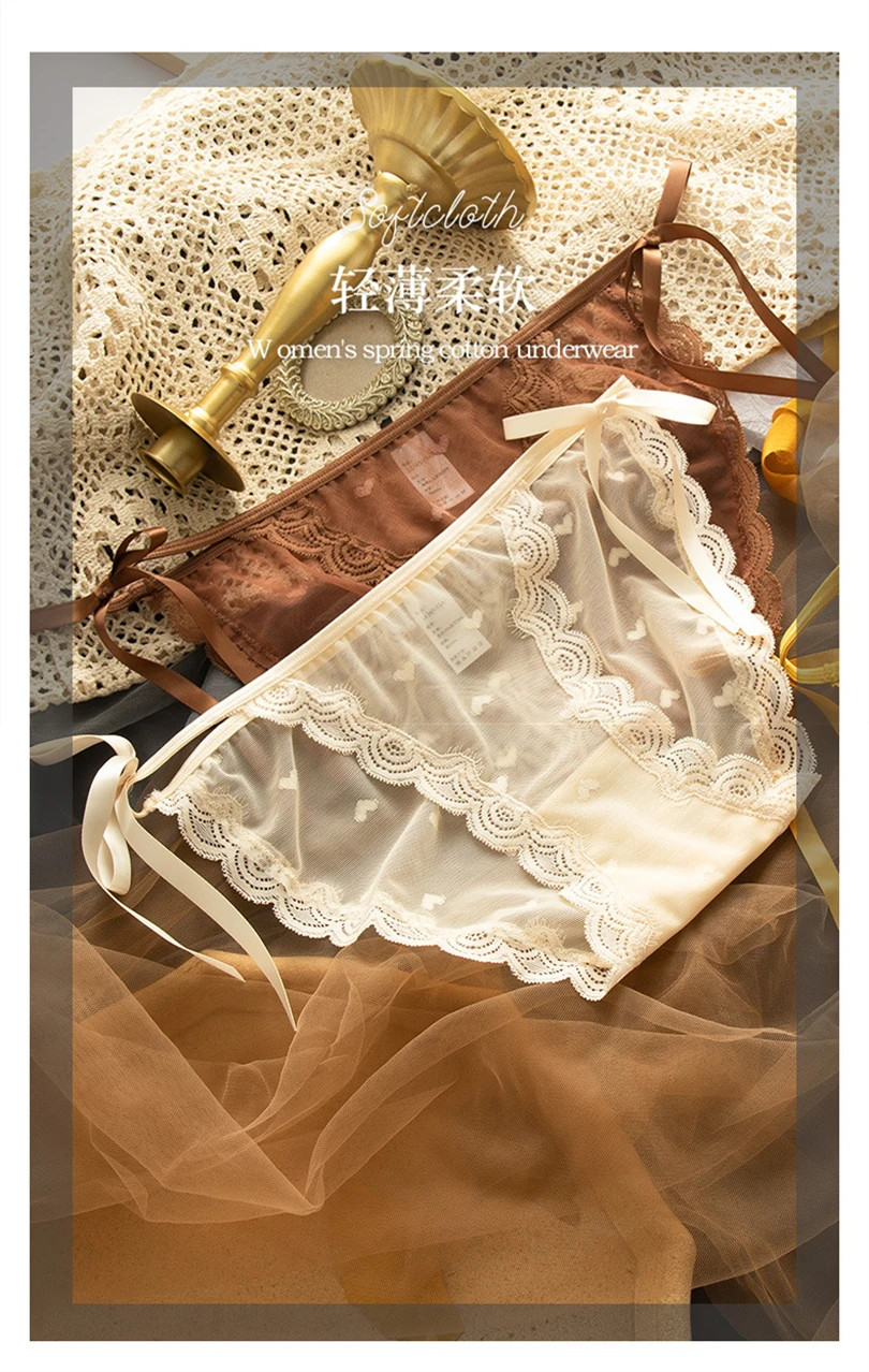 Low Rise Lace Bow Panties Women’s Hollow Out Heart Print Soft Stretch Briefs