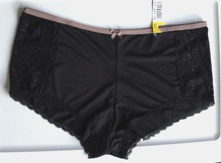 Womens Black Boyleg Panties Size 3X Solid Sexy Black Lace Insets Taupe Trim NWT