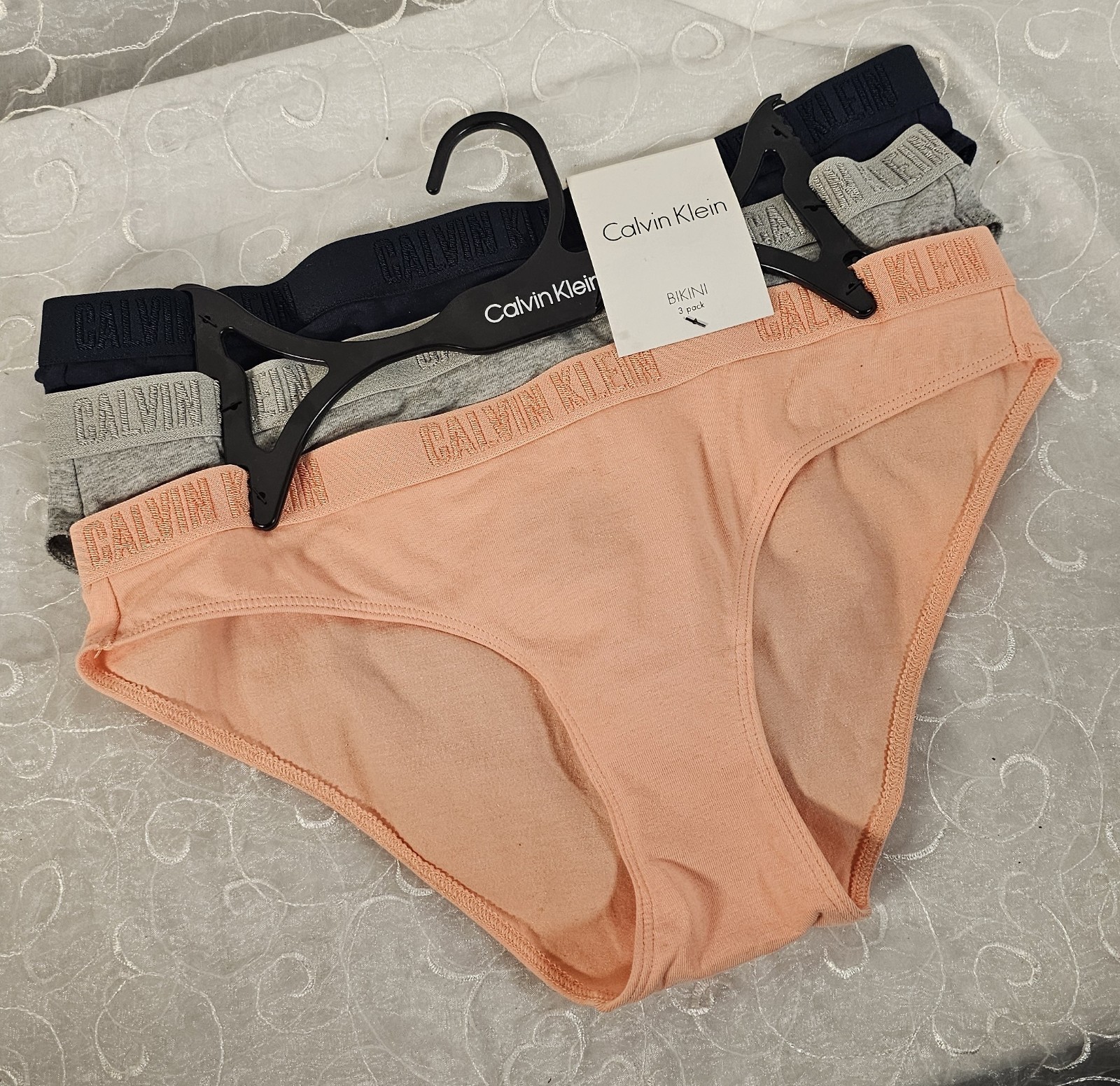 Calvin Klein 3 Cotton Stretch Bikinis Medium Solid Peach, Gray, Navy SHIPS FREE!