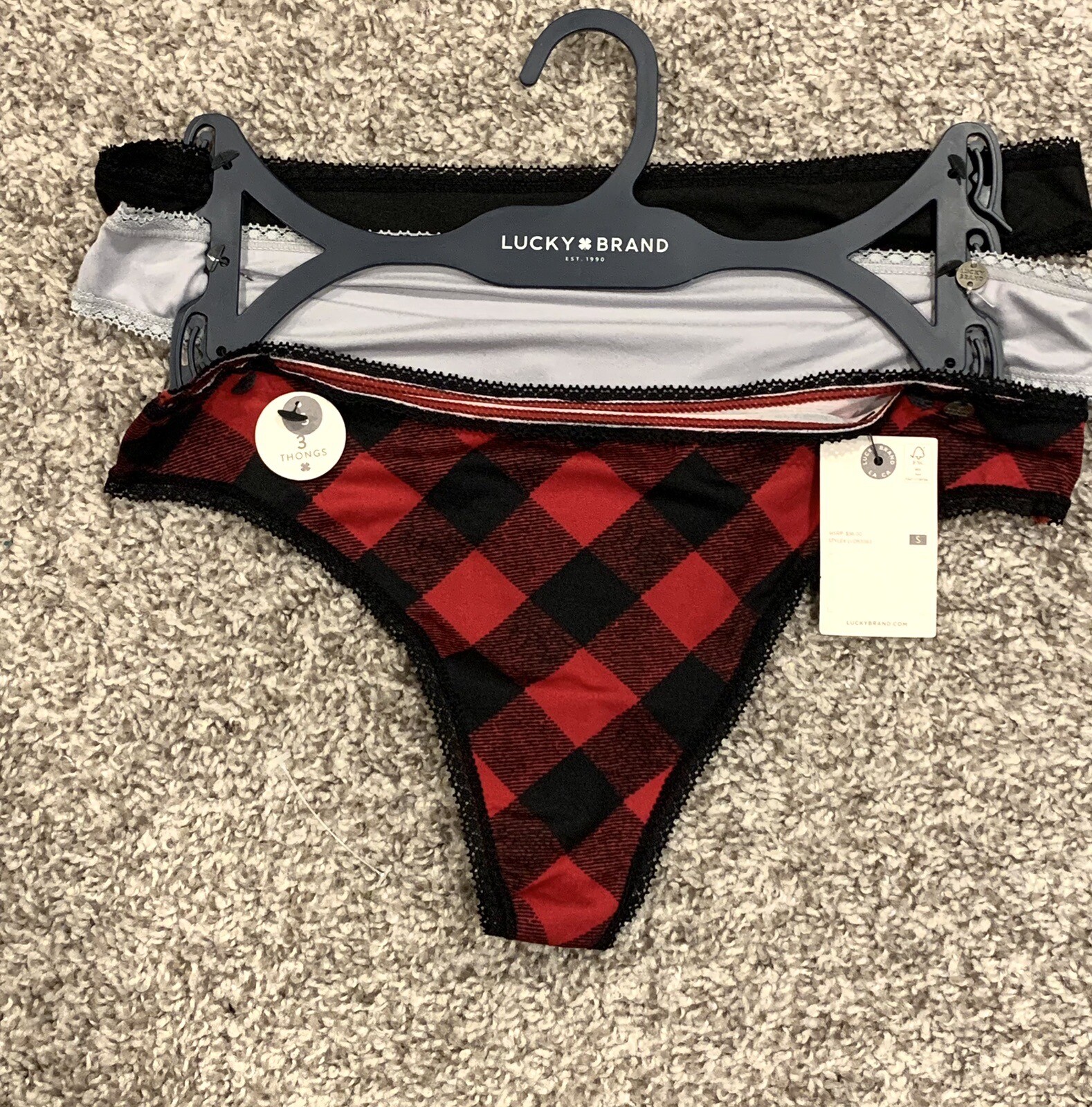 LUCKY BRAND VALENTINES DAY PLAID/SOLID THONG PANTIES 3 PACK SMALL COQUETTE NEW