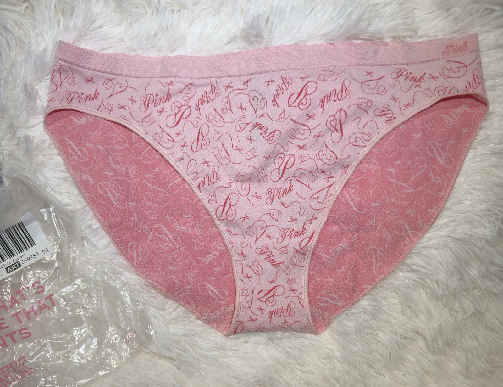 NWT VICTORIAS SECRET PINK XL RED HEART SEAMLESS HIPHUGGER PANTIES LOGO SCRIPT VS