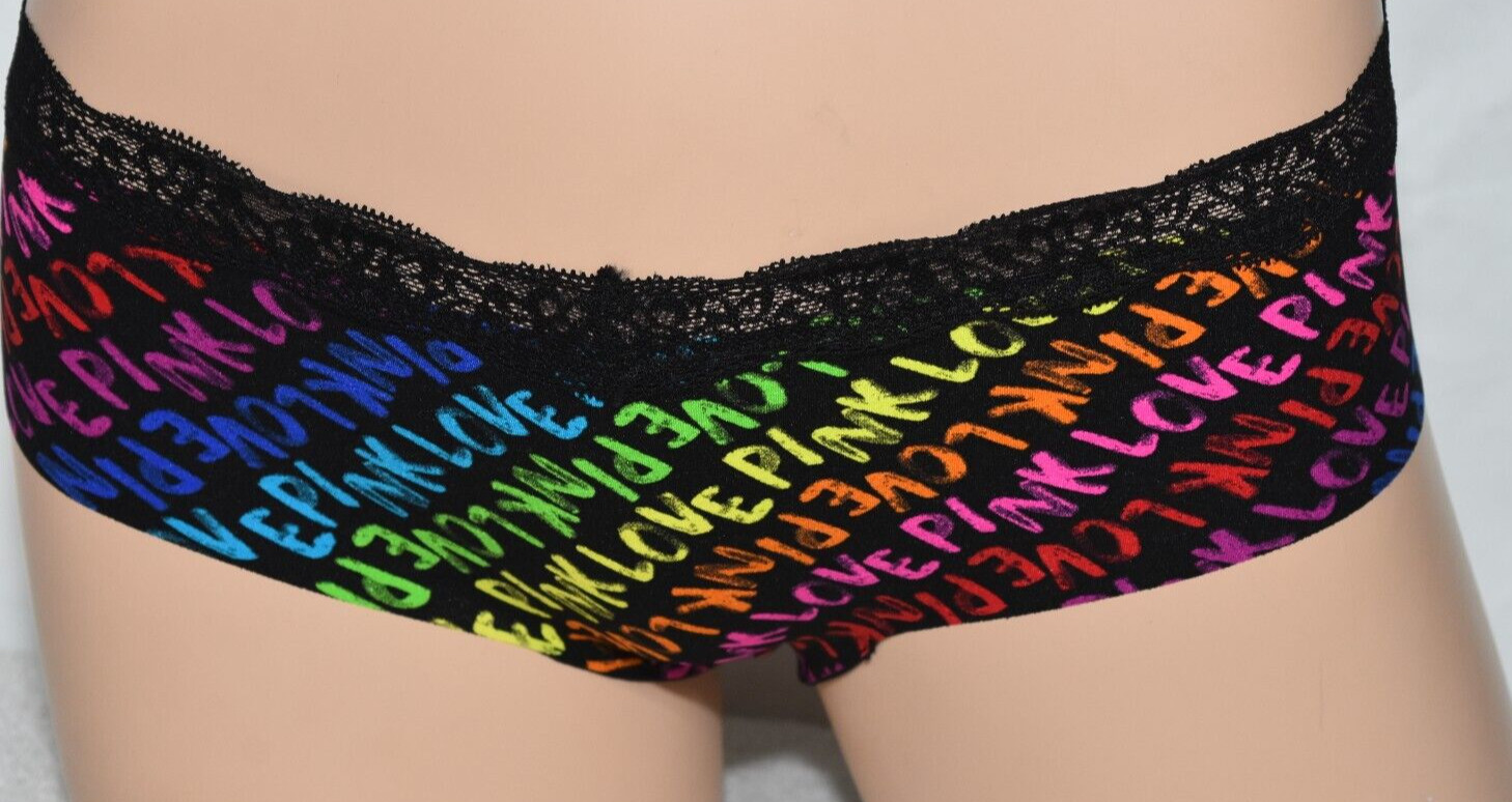 NWT Victoria’s Secret Pink Black Multicolor Love Pink lace Trim Hipster Panty M