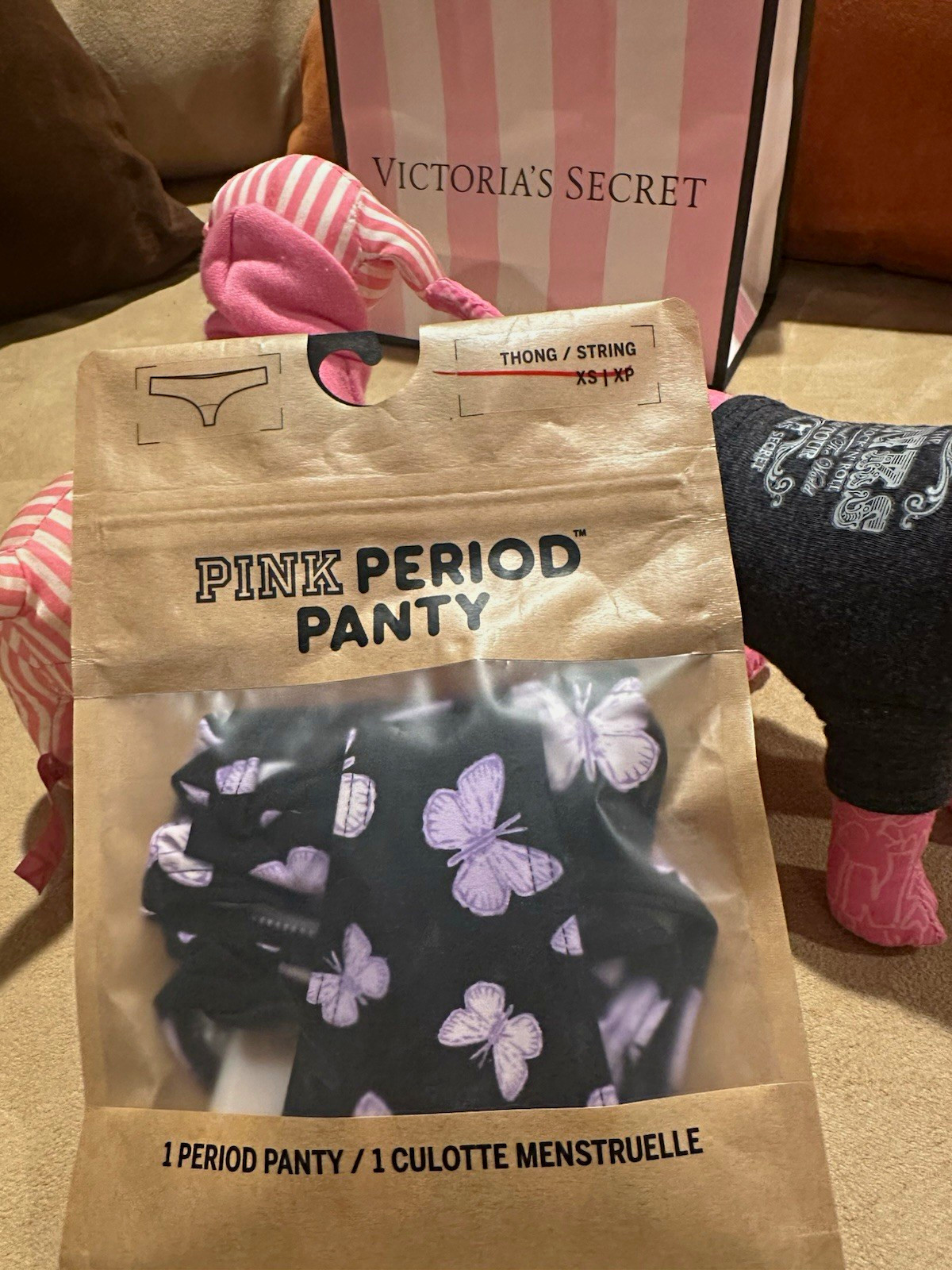 PINK Period Thong/String Panties XS Black/Purple Butterfly Breathable 1 Pack