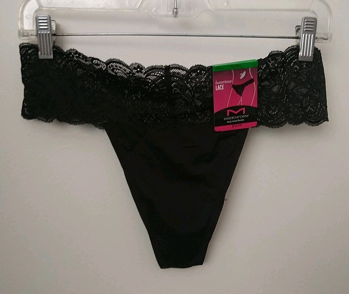 MAIDENFORM BLACK LACE WAIST THONG PANTY, SIZE L/7