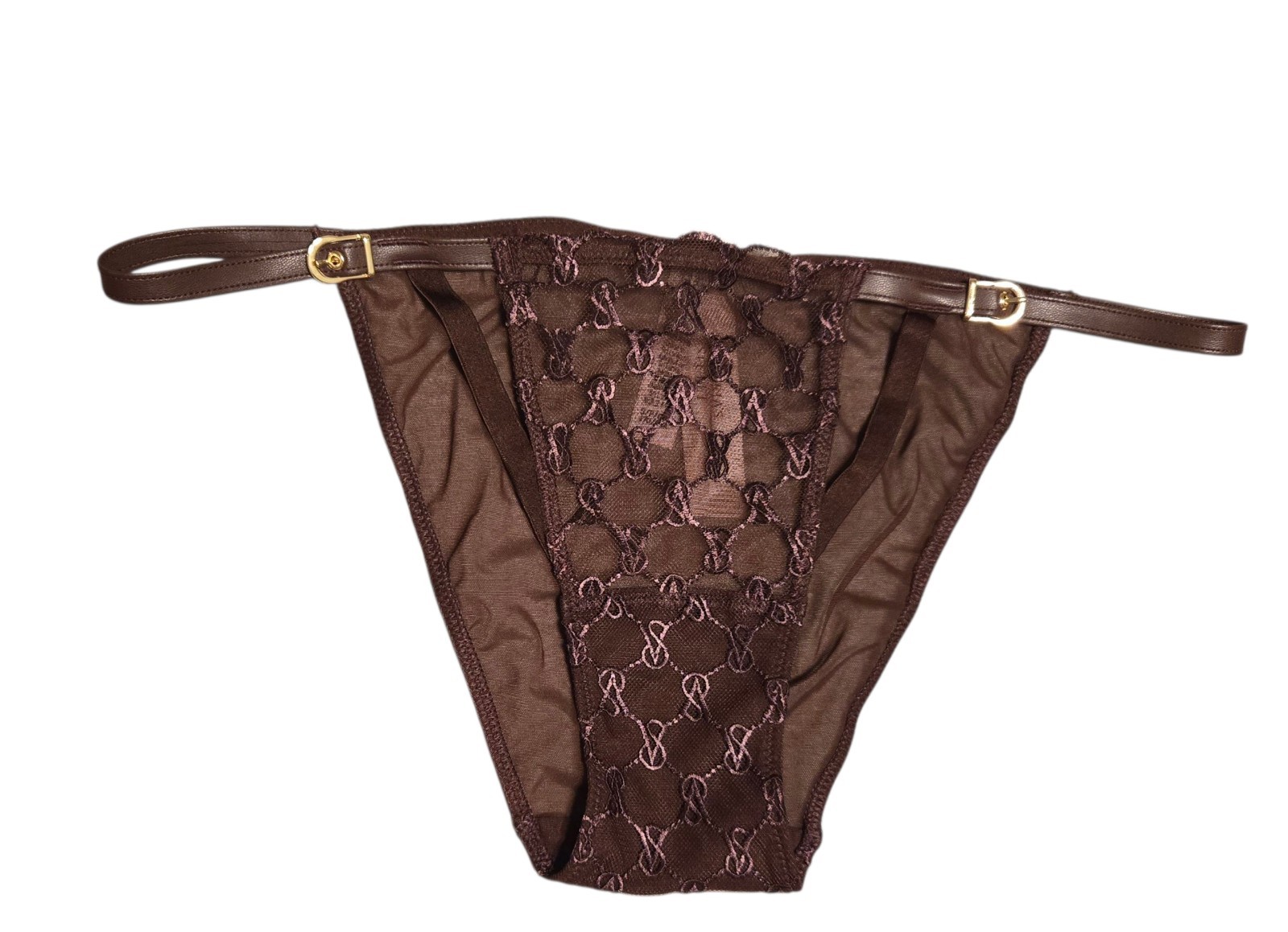 Victoria’s Secret String Bikini Embroidered Logo in Brown Lace Mesh Size S NWT