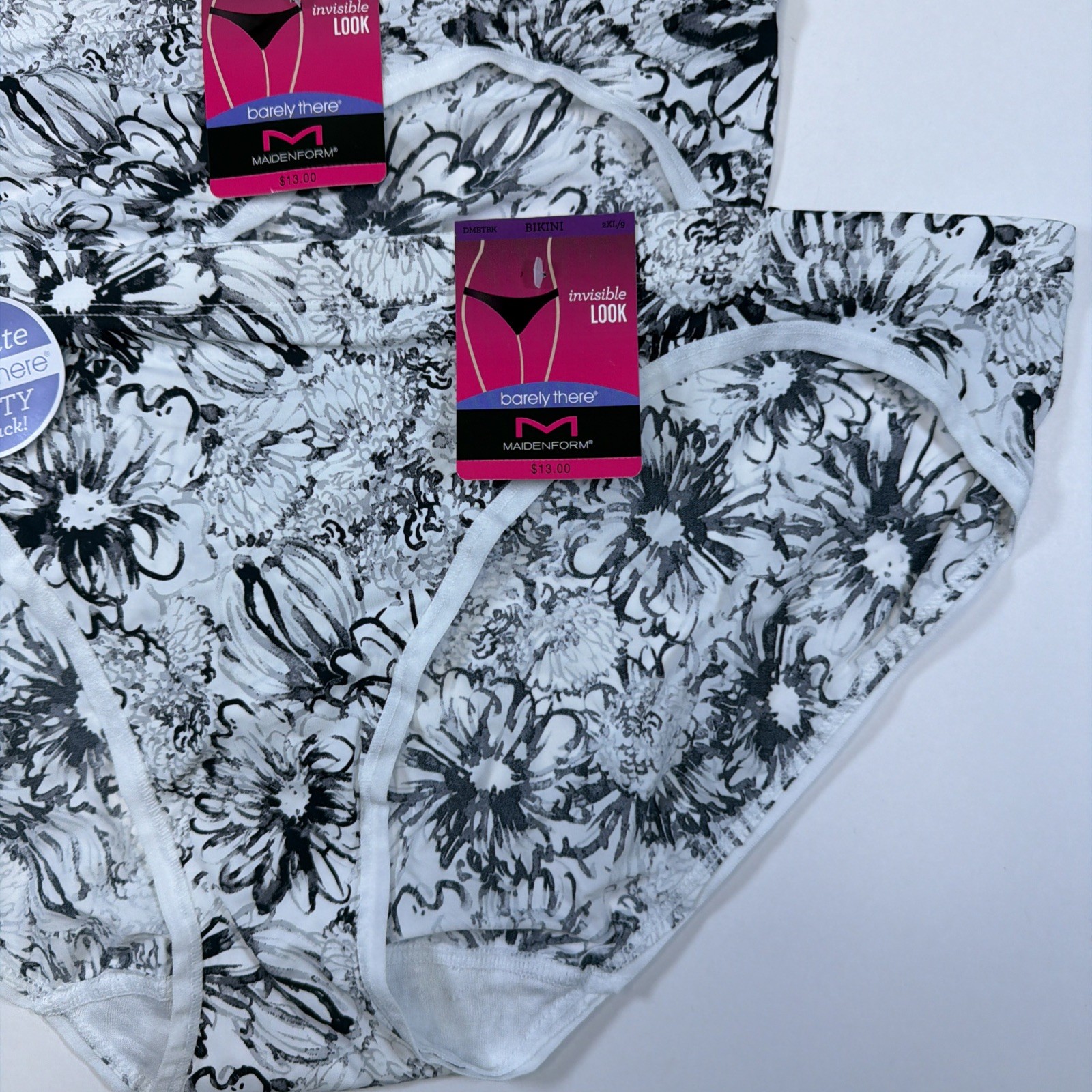 Maidenform Barely There Invisible Look Bikini Panty 2XL Black Floral 2 Pk DMBTBK