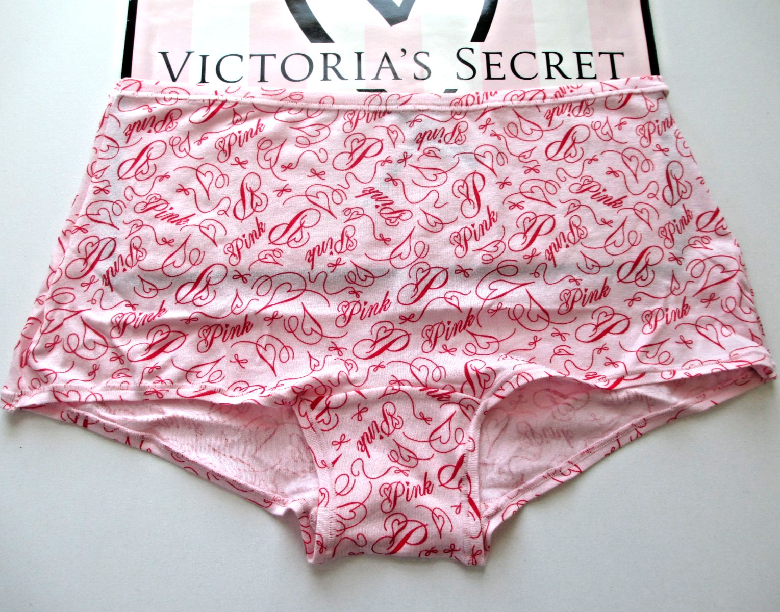VICTORIA’S SECRET PINK Cotton Boyshort Panty S Pink Red Script NWT Shortie VS