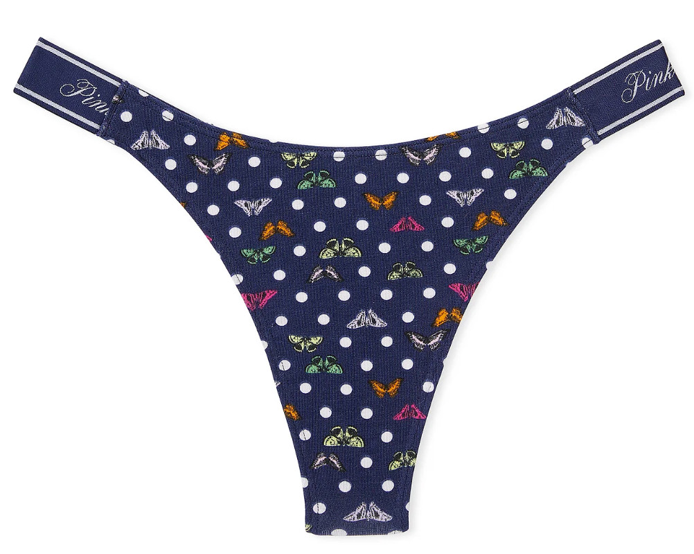Victoria’s Secret PINK Logo Cotton Modal High-Leg Thong Panty Butterfly Dots L